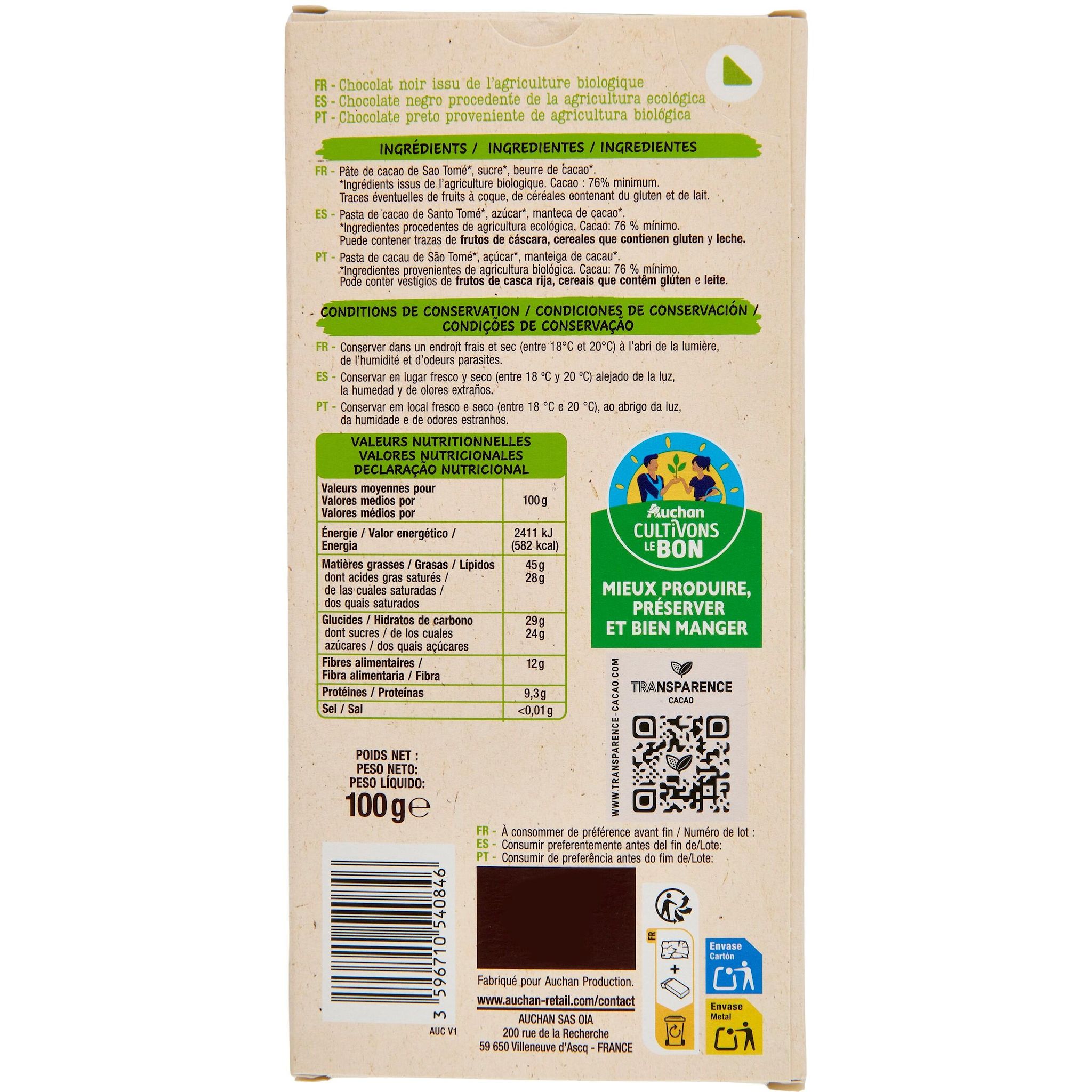 Voir la diapositive 2 : AUCHAN BIO CULTIVONS LE BON Tablette de chocolat noir 76% Sao Tome boisé et épicé 100g