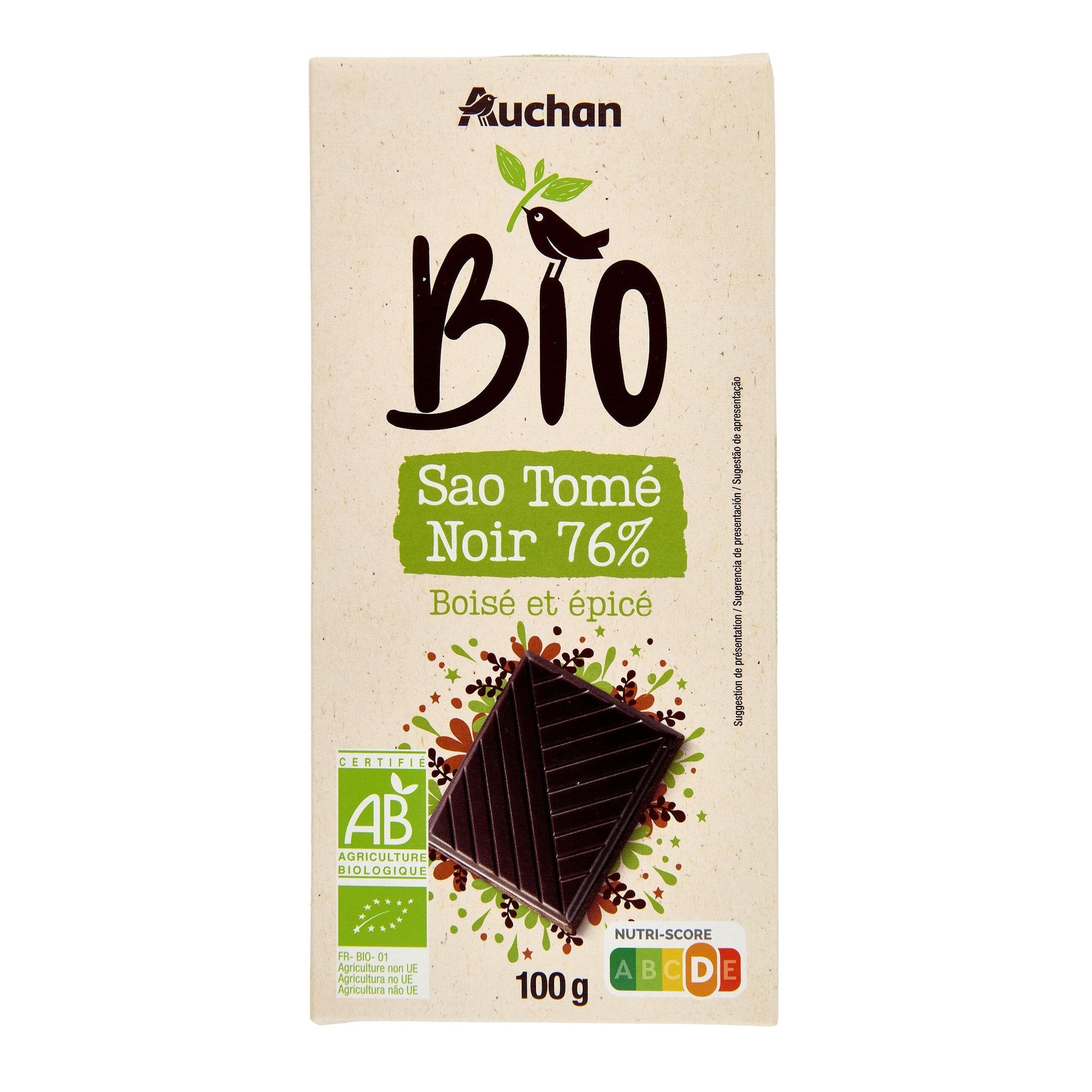 Voir la diapositive 3 : AUCHAN BIO CULTIVONS LE BON Tablette de chocolat noir 76% Sao Tome boisé et épicé 100g