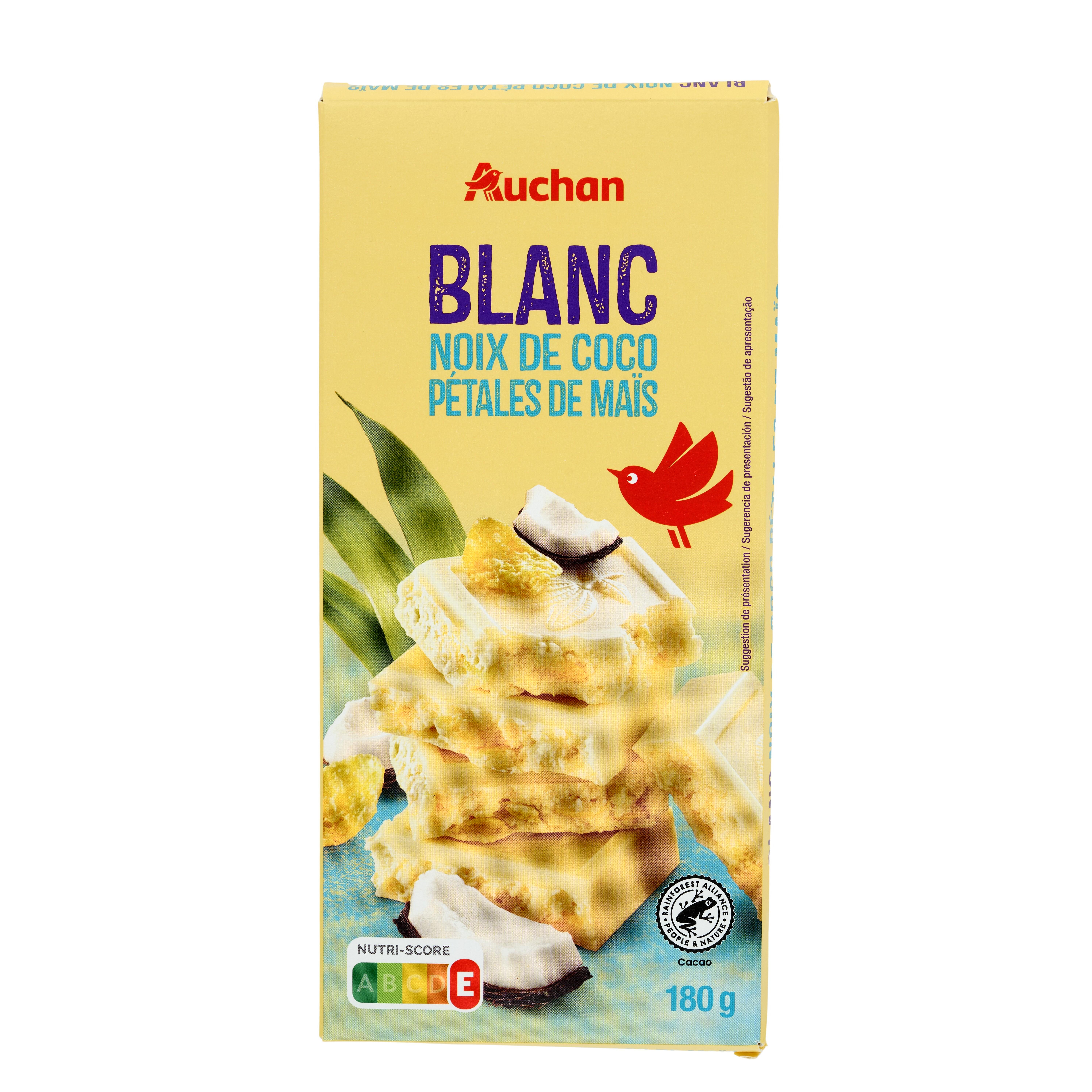 Voir la diapositive 2 : AUCHAN Tablette de chocolat blanc noix de coco et pétales de maïs 180g