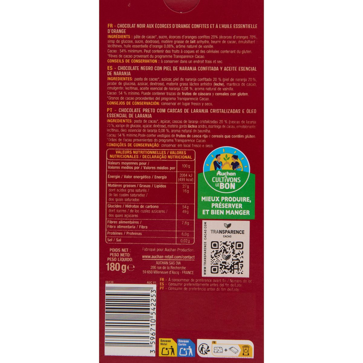 AUCHAN CULTIVONS LE BON Tablette de chocolat noir et écorce d'orange confite 1 pièce 180g