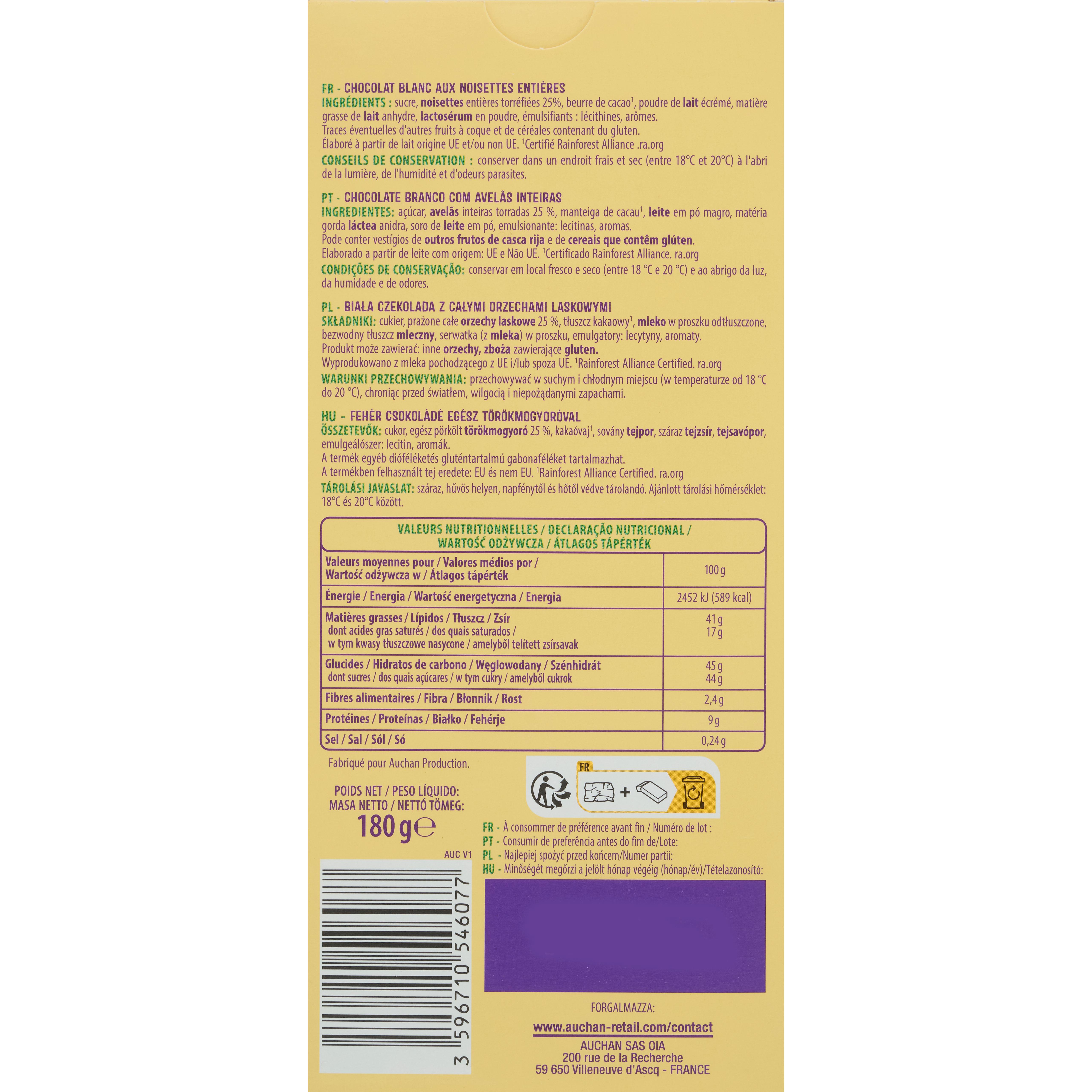 Voir la diapositive 2 : AUCHAN Tablette de chocolat blanc noisettes entières torréfiées 180g