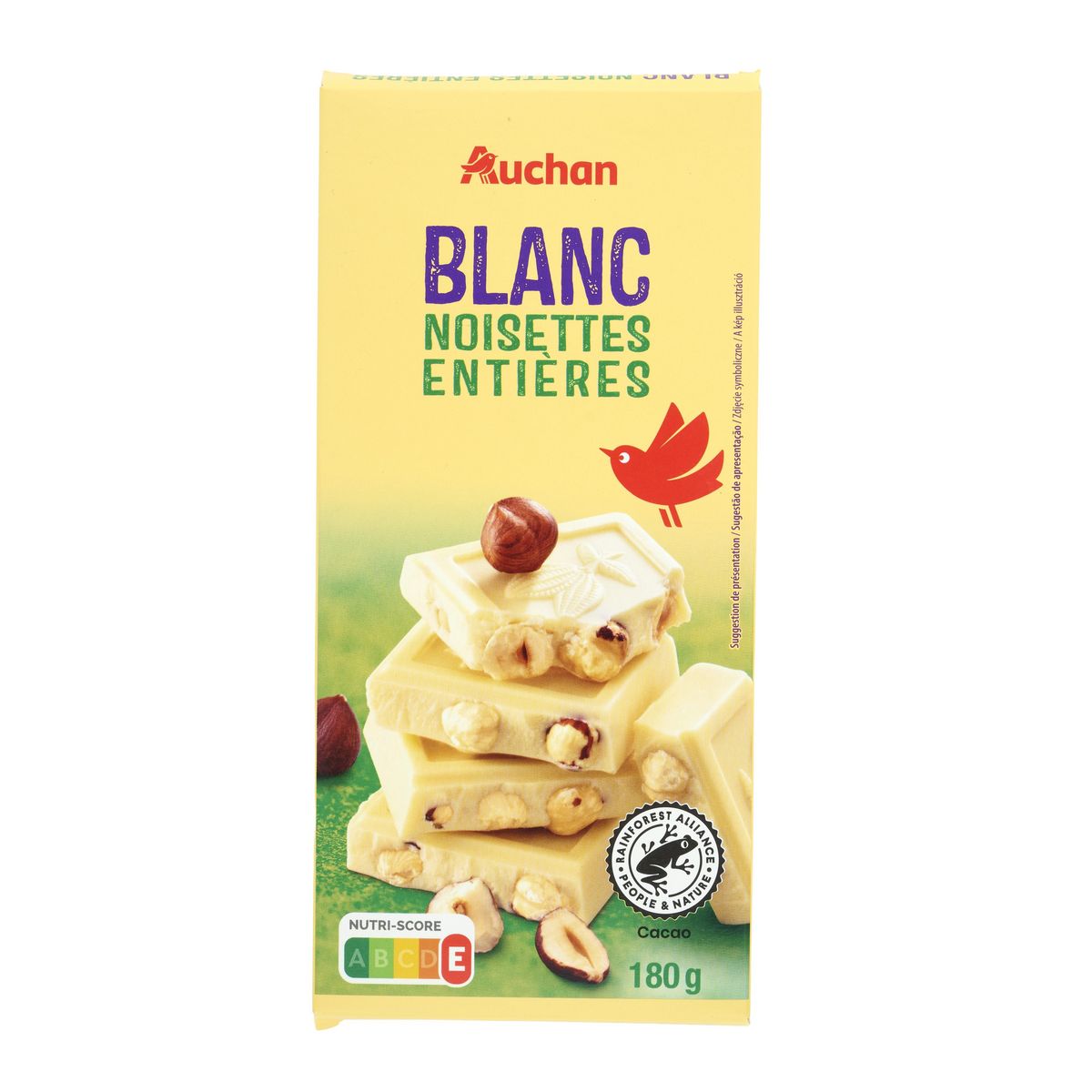 AUCHAN Tablette de chocolat blanc noisettes entières torréfiées 180g