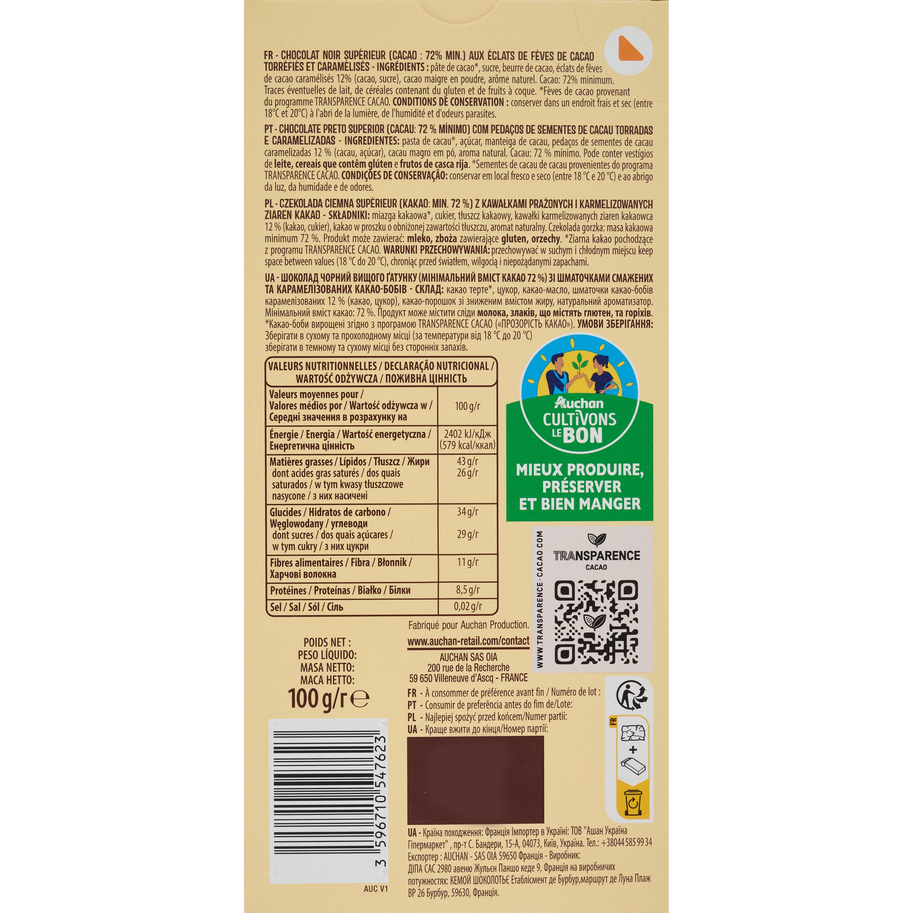 Voir la diapositive 2 : AUCHAN CULTIVONS LE BON Tablette de chocolat noir 72% fèves de cacao 1 pièce 100g