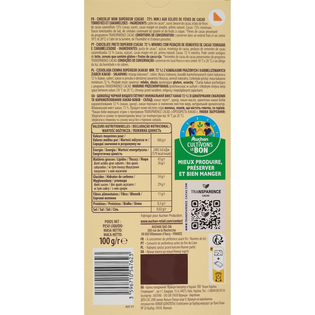 AUCHAN CULTIVONS LE BON Tablette de chocolat noir 72% fèves de cacao 100g