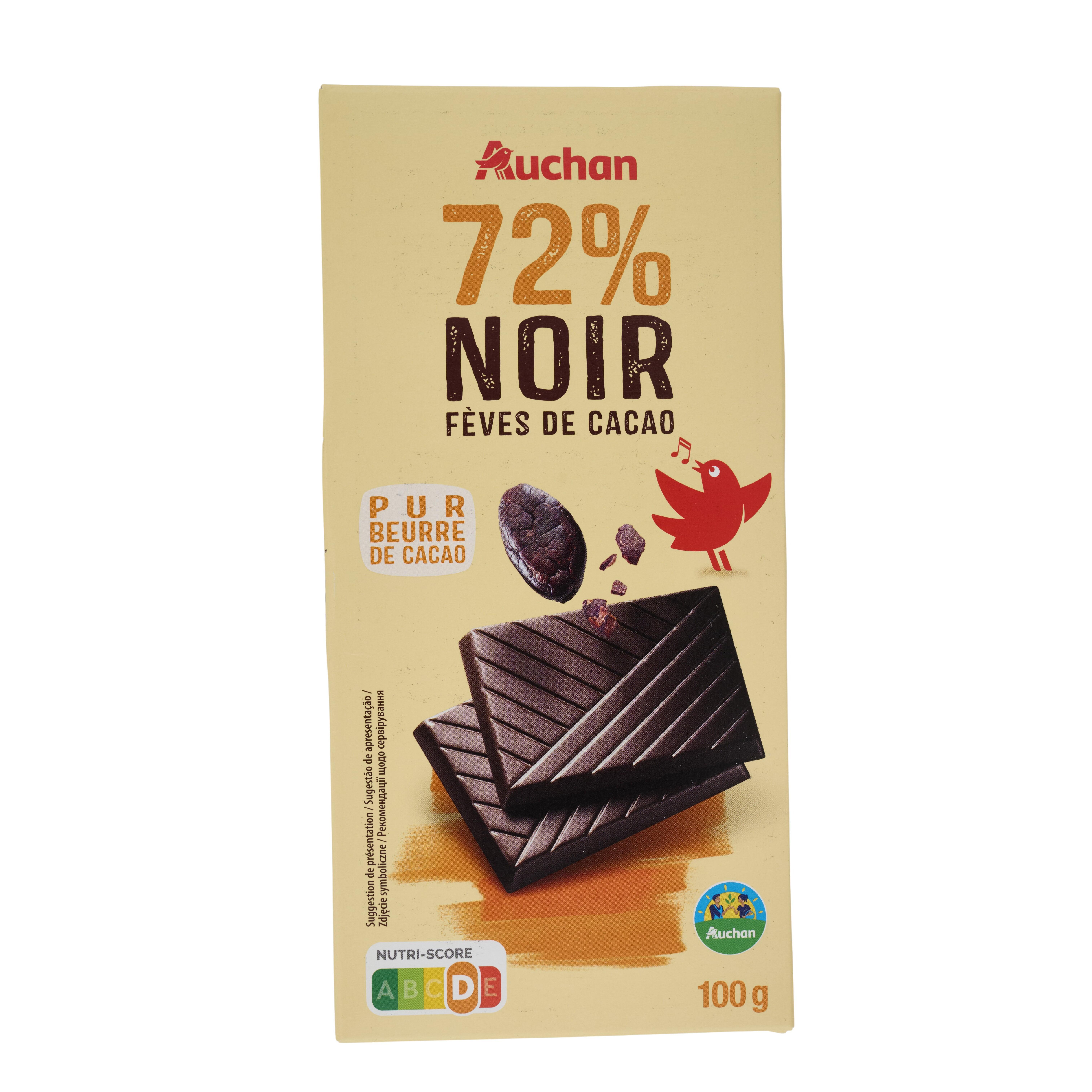 Voir la diapositive 3 : AUCHAN CULTIVONS LE BON Tablette de chocolat noir 72% fèves de cacao 1 pièce 100g