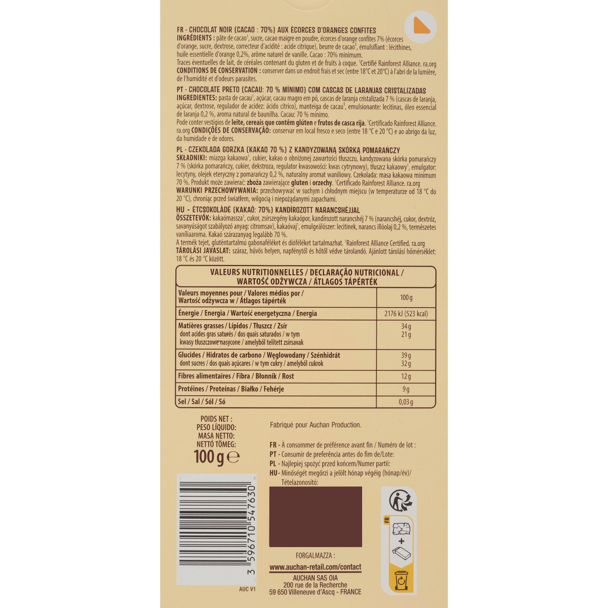 Voir la diapositive 2 : AUCHAN CULTIVONS LE BON Tablette de chocolat noir 70% écorces d'orange 100g