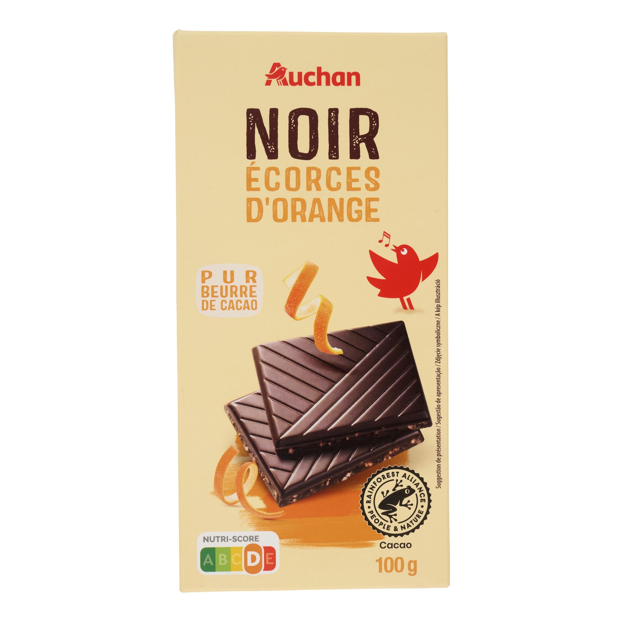 Voir la diapositive 3 : AUCHAN CULTIVONS LE BON Tablette de chocolat noir 70% écorces d'orange 100g
