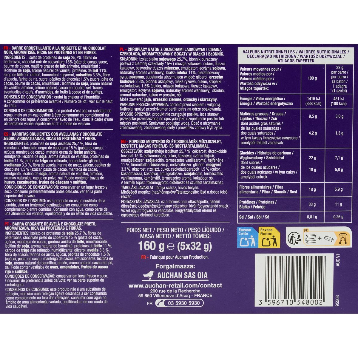 AUCHAN EAT'N MOVE Barres de céréales chocolat noisettes 5 barres 5x32g