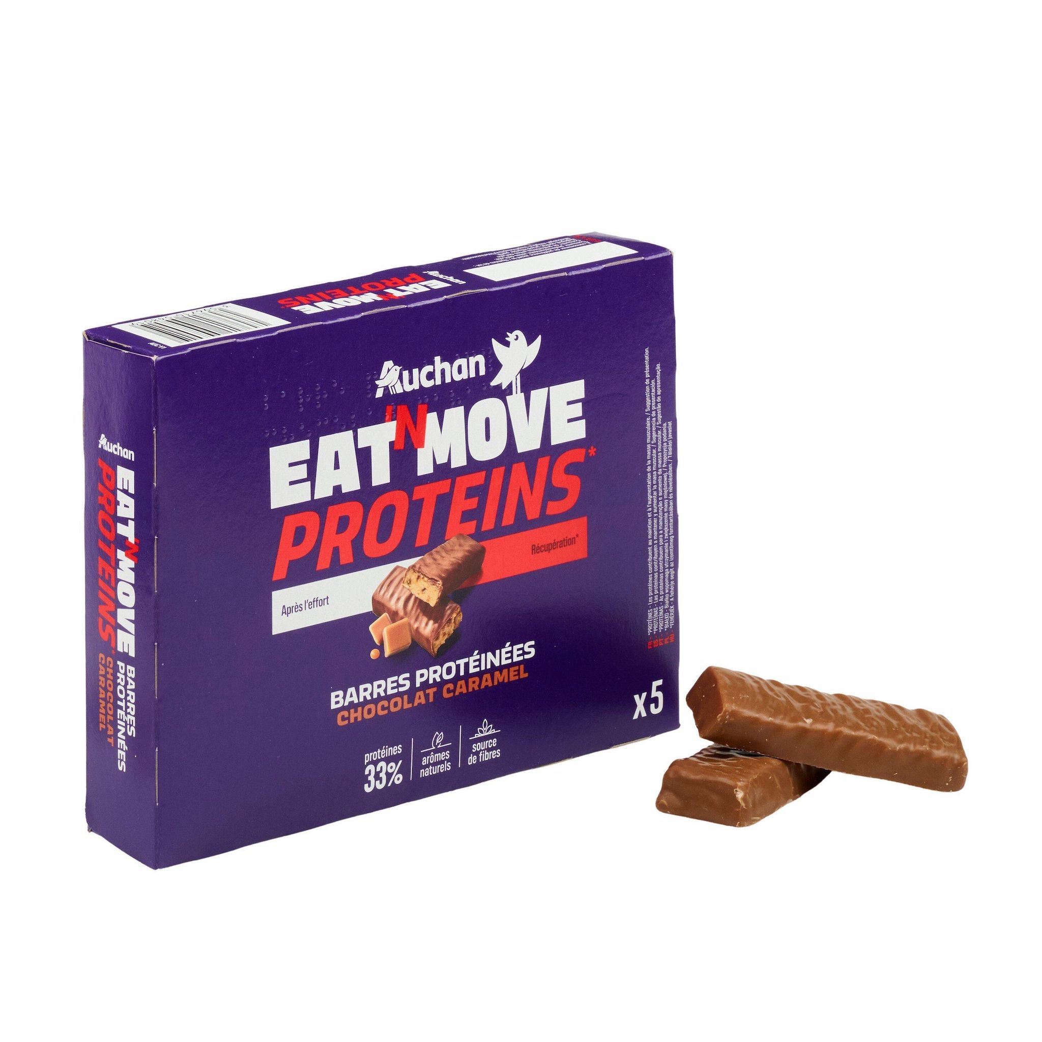 Voir la diapositive 4 : AUCHAN EAT'N MOVE Barres de céréales protéinées au caramel 5 Barres 5x32g