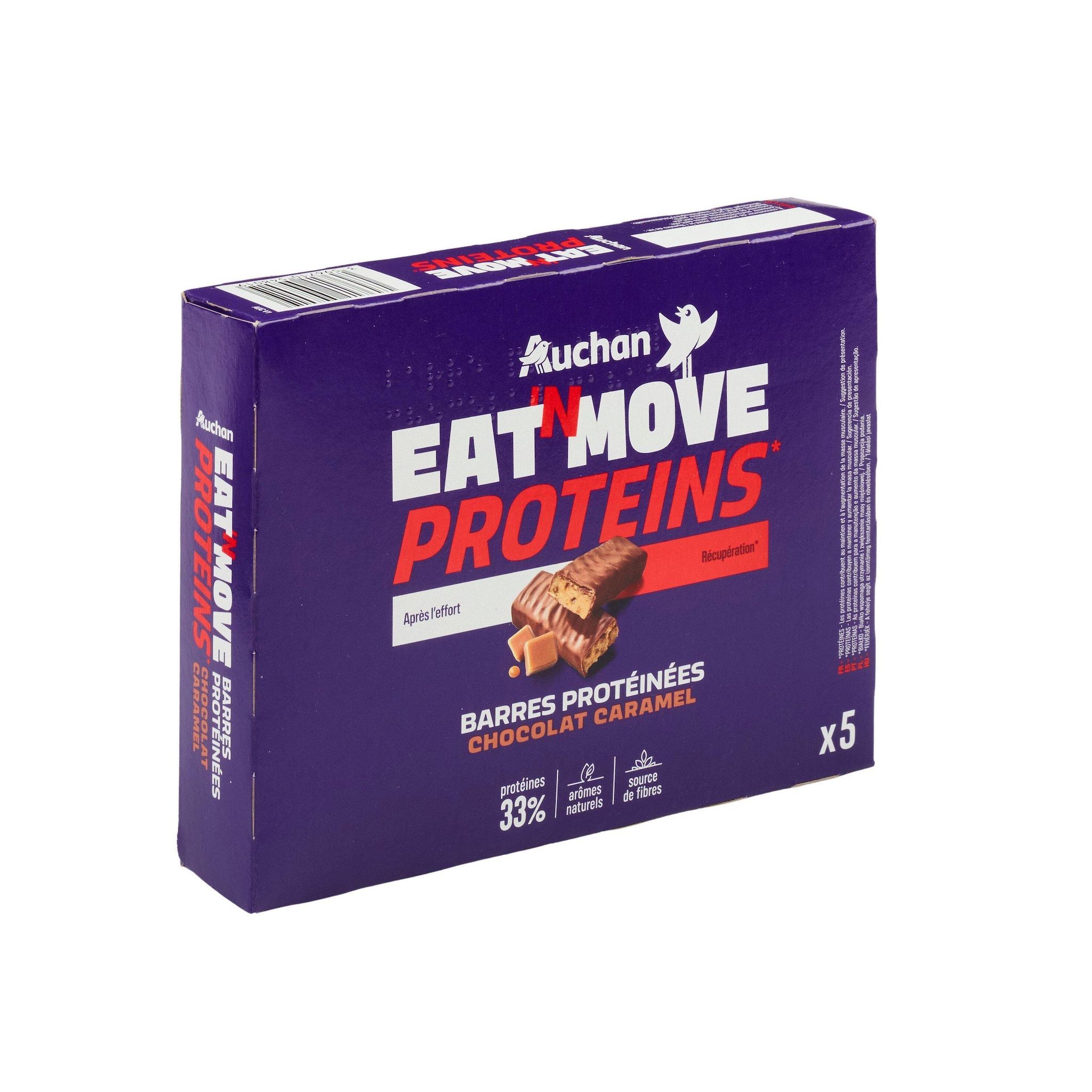 Voir la diapositive 5 : AUCHAN EAT'N MOVE Barres de céréales protéinées au caramel 5 Barres 5x32g