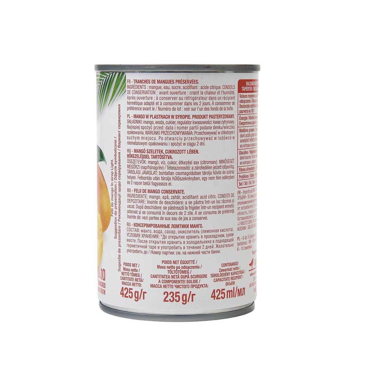 AUCHAN Mangues en tranches au sirop léger 425g