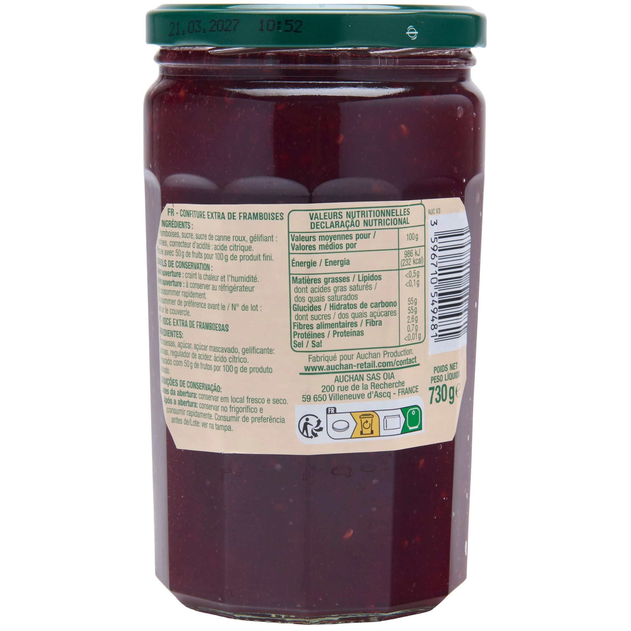 Voir la diapositive 2 : AUCHAN Confiture extra de framboises 50% de fruits 730g