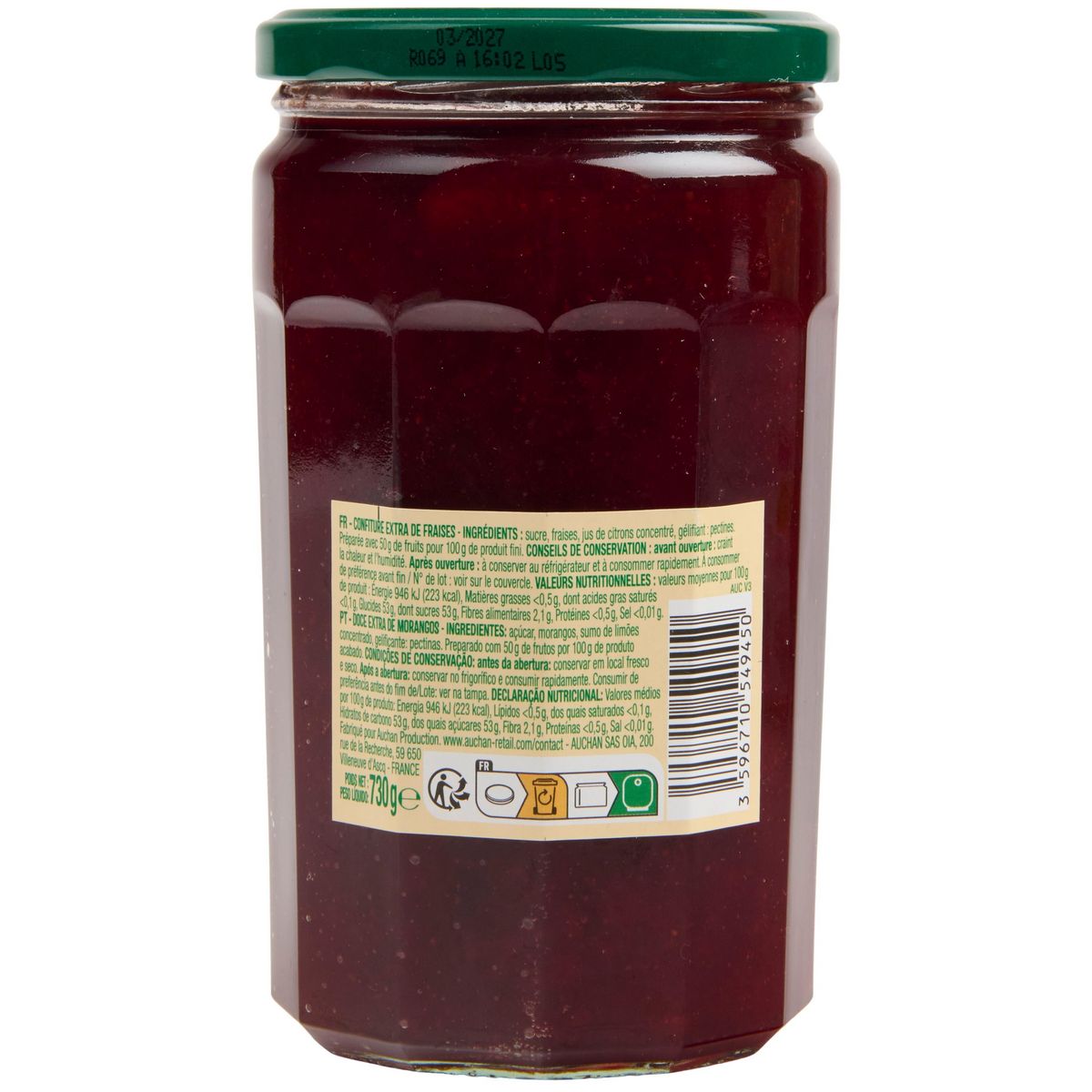 AUCHAN Confiture extra de fraise 730g