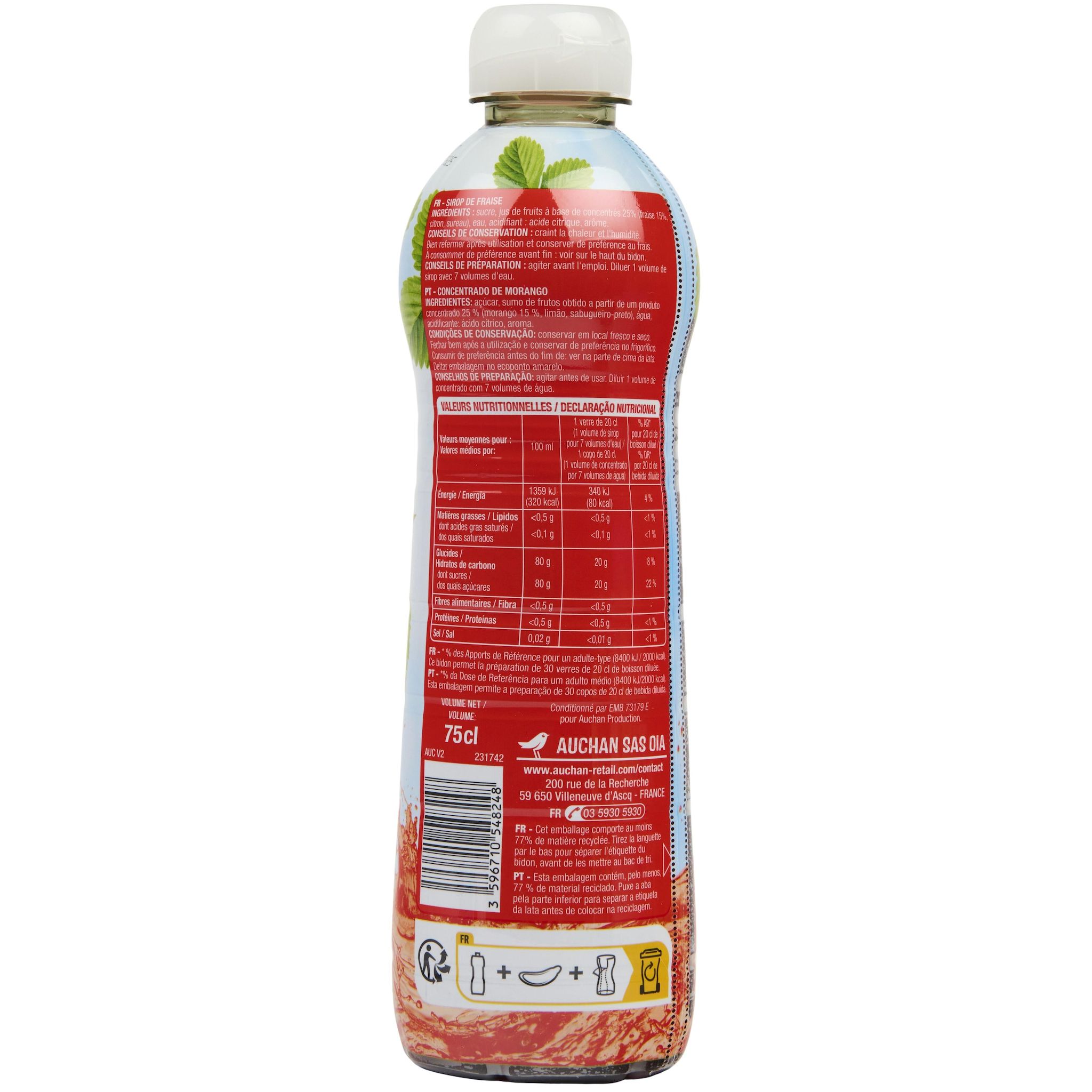 Voir la diapositive 3 : AUCHAN Sirop de fraise bidon 75cl