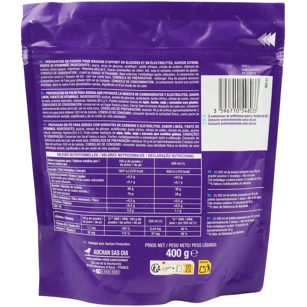 AUCHAN EAT'N MOVE Préparation pour boisson isotonique citron 10 portions pour 500ml 400g