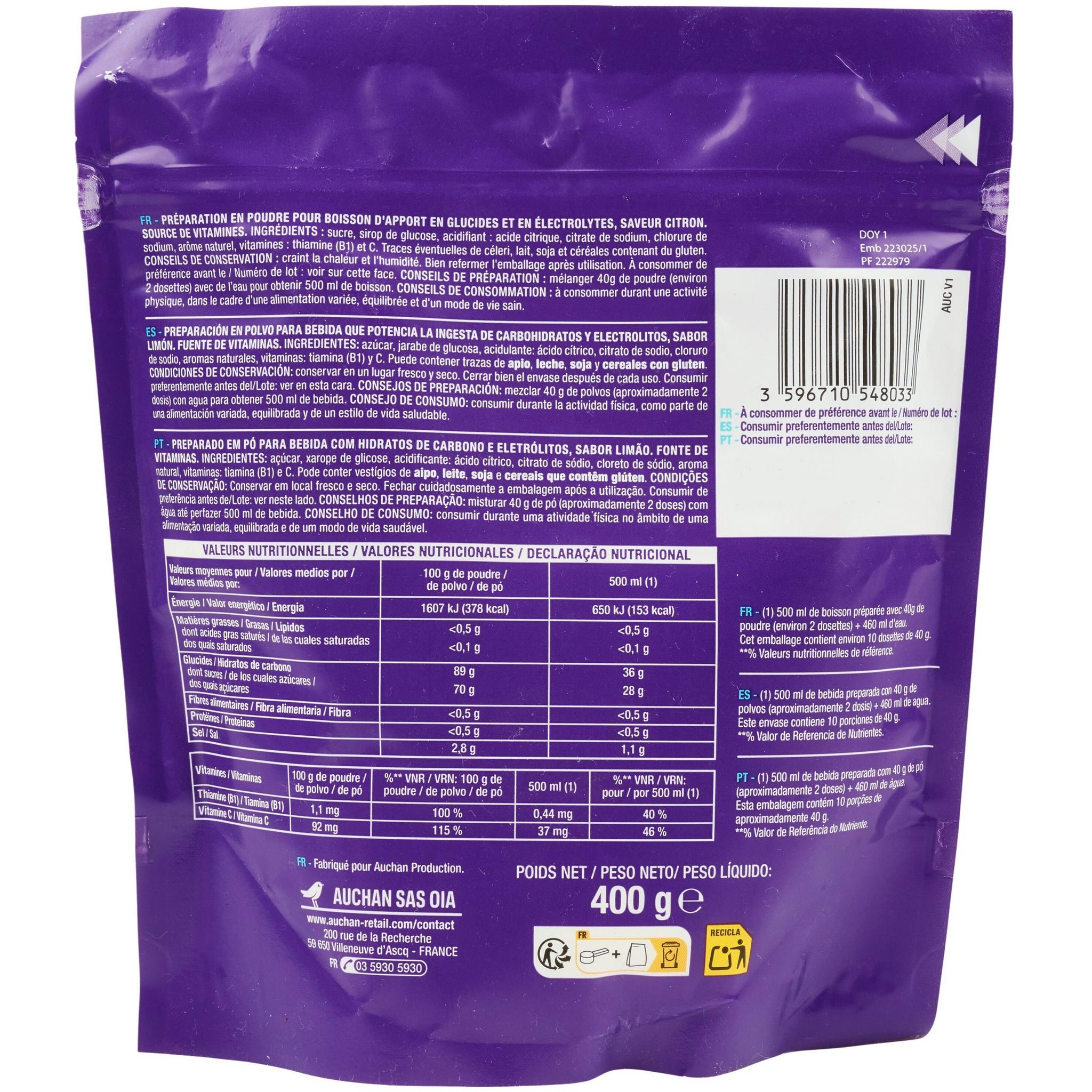 Voir la diapositive 4 : AUCHAN EAT'N MOVE Préparation pour boisson isotonique citron 10 portions pour 500ml 400g