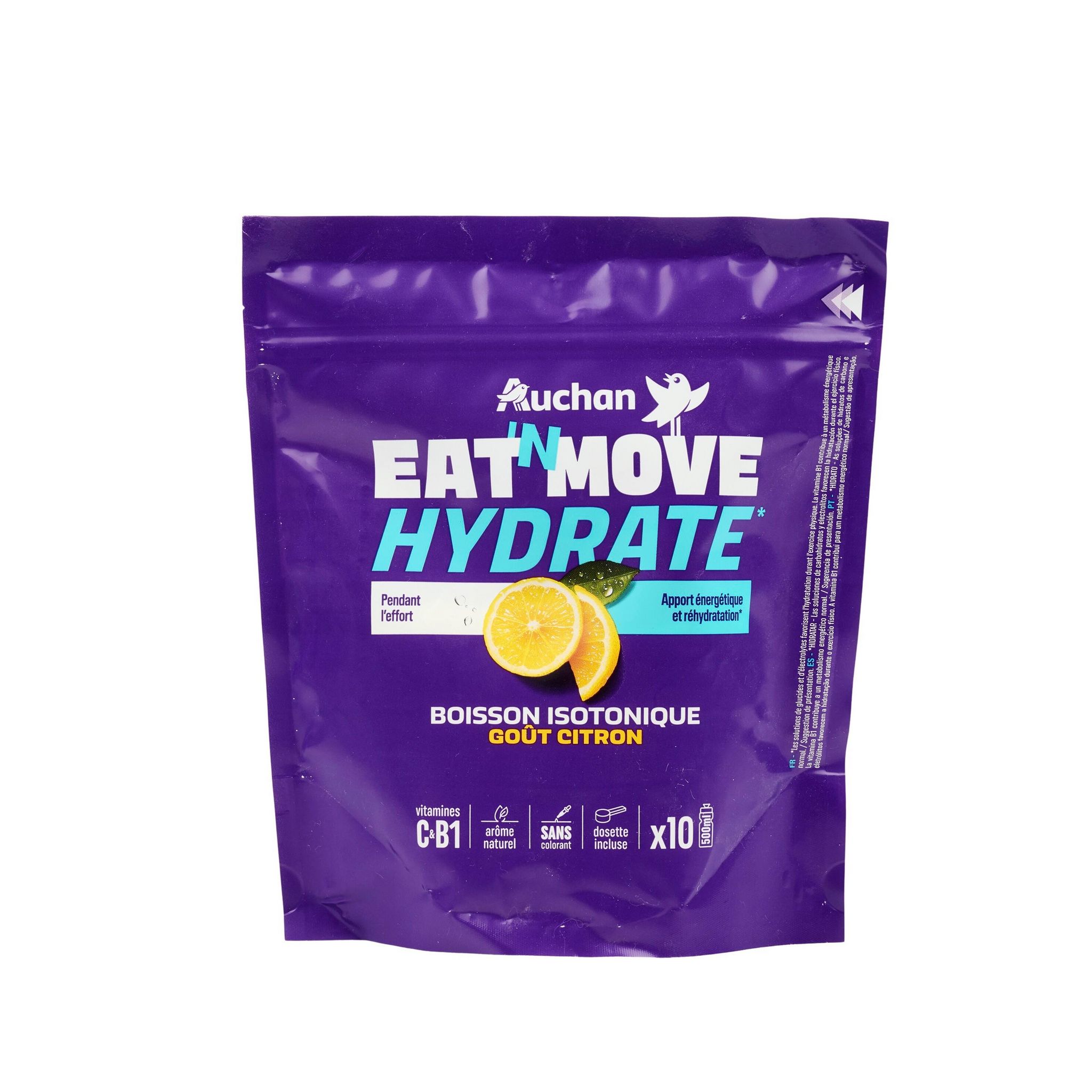 Voir la diapositive 5 : AUCHAN EAT'N MOVE Préparation pour boisson isotonique citron 10 portions pour 500ml 400g
