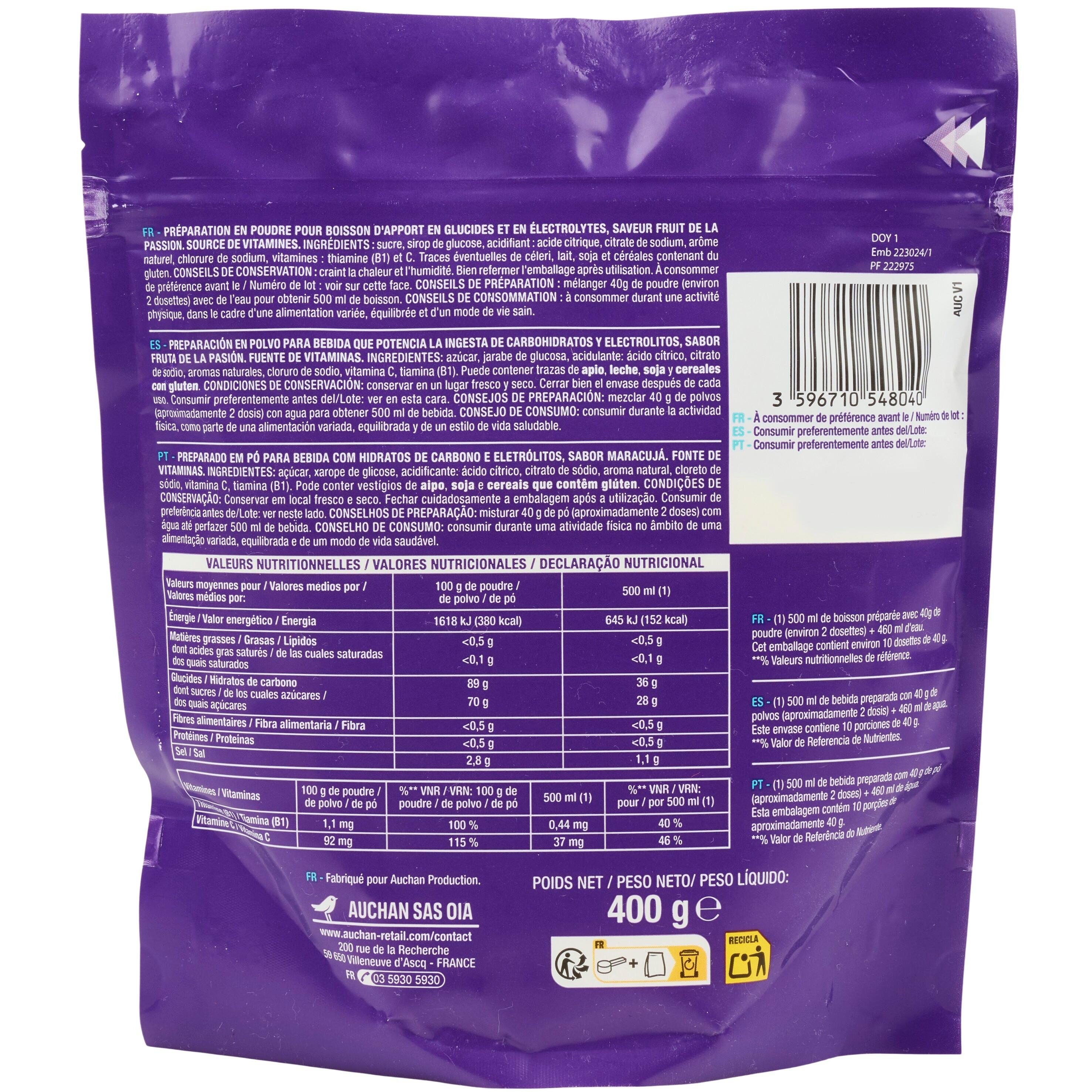Voir la diapositive 2 : AUCHAN EAT'N MOVE Préparation pour boisson isotonique fruit de la passion 10 portions de 50cl 400g