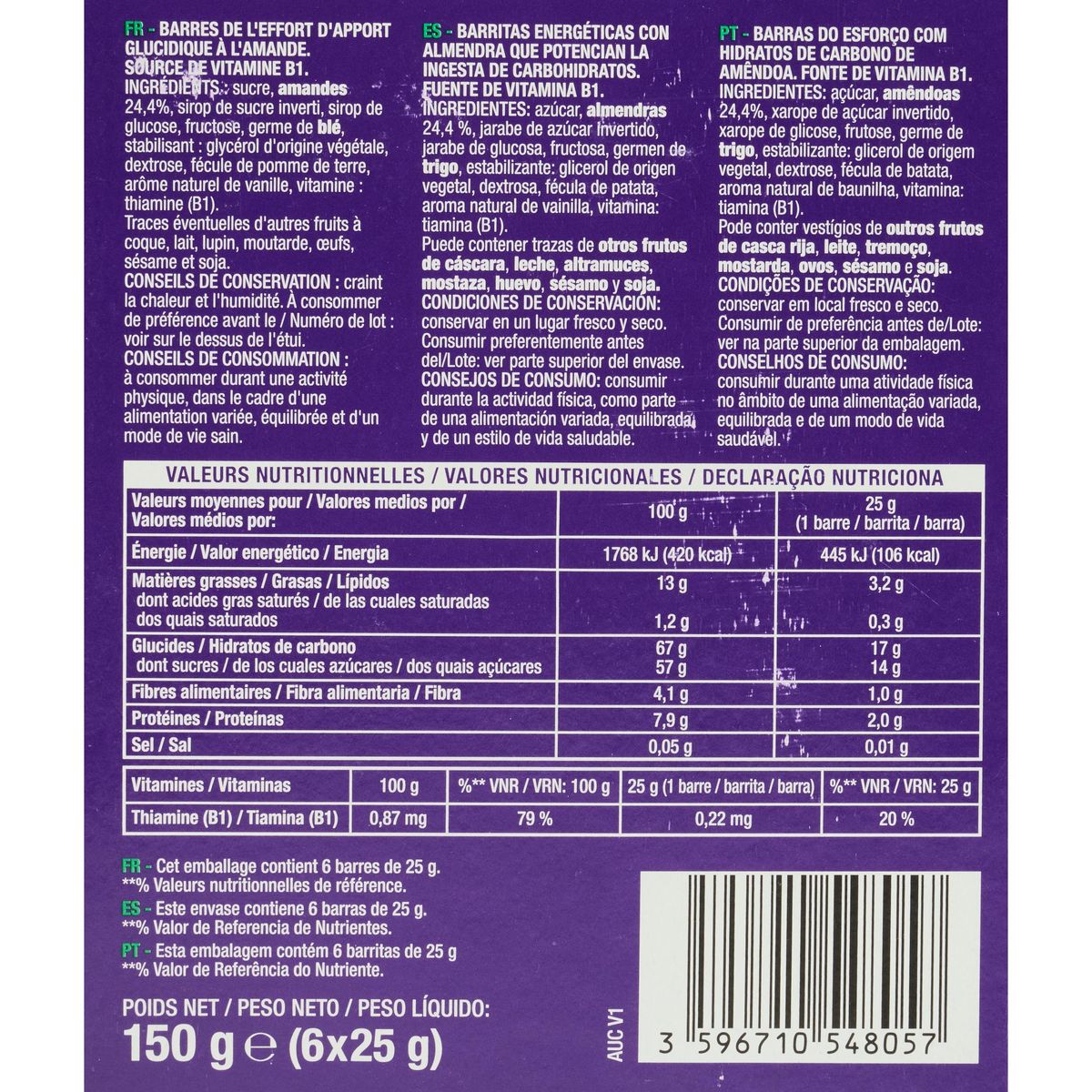 AUCHAN EAT'N MOVE Barres de céréales pâte d'amande 6 barres 6x25g