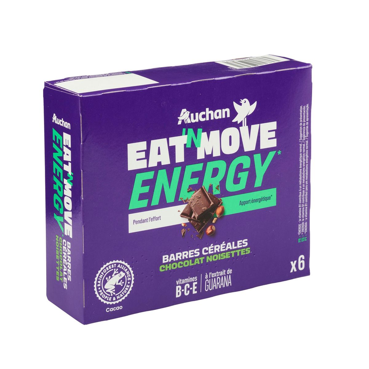 AUCHAN EAT'N MOVE Barres de céréales énergétiques au chocolat et noisettes 6 barres 6x23g