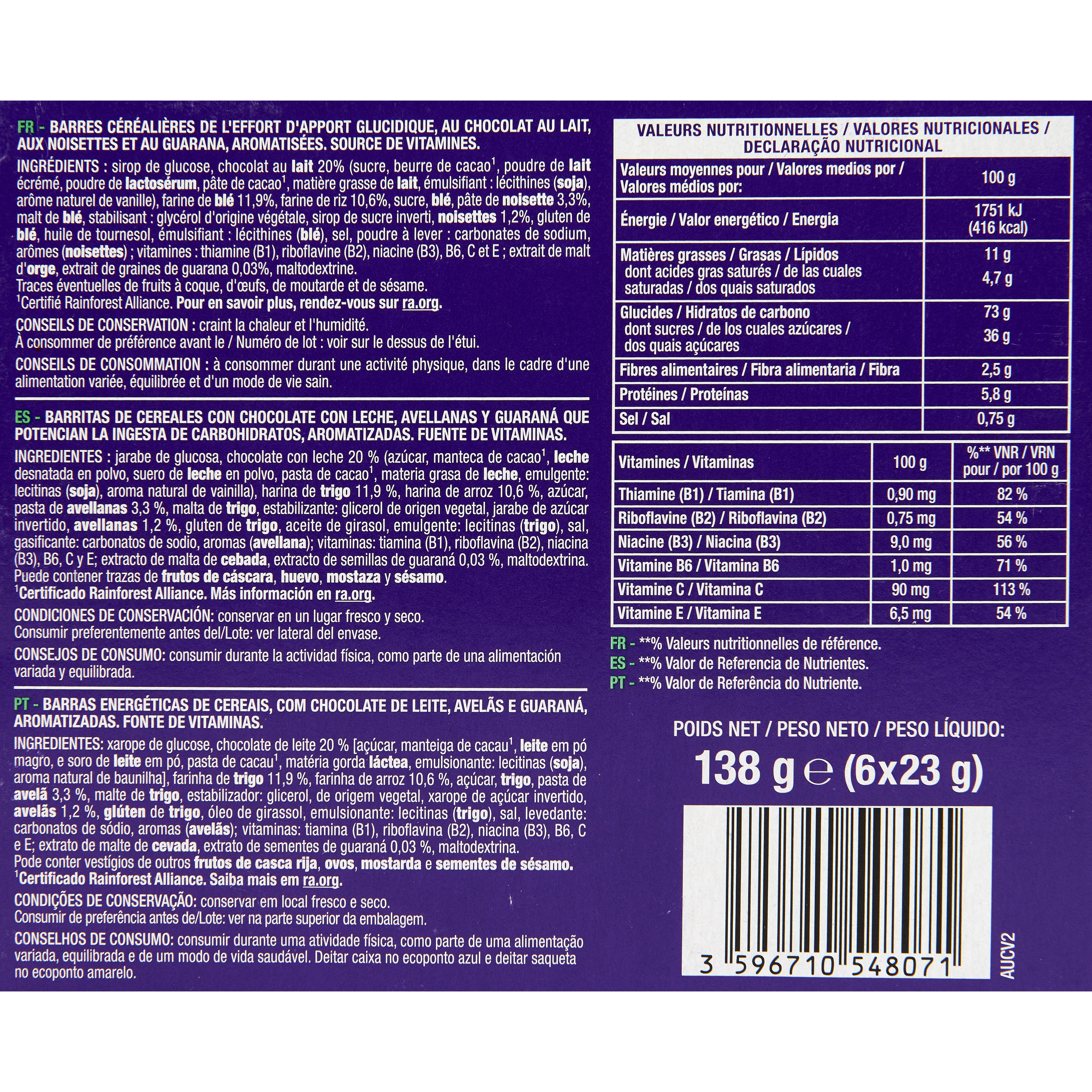 Voir la diapositive 3 : AUCHAN EAT'N MOVE Barres de céréales énergétiques au chocolat et noisettes 6 barres 6x23g