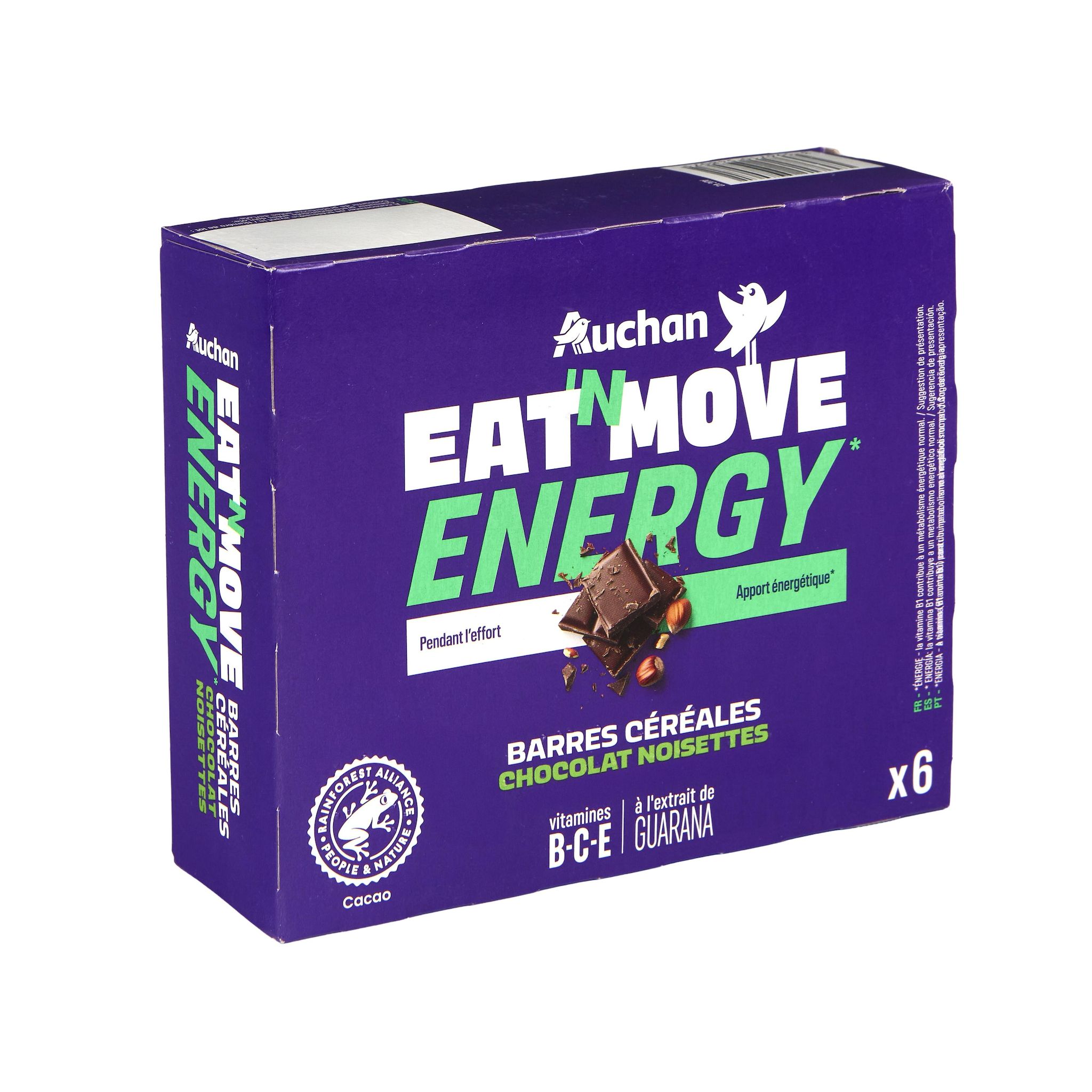Voir la diapositive 3 : AUCHAN EAT'N MOVE Barres de céréales énergétiques au chocolat et noisettes 6 barres 6x23g