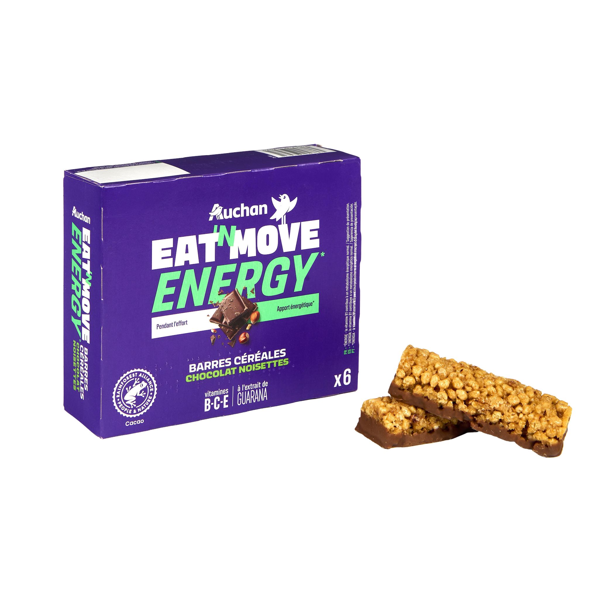 Voir la diapositive 4 : AUCHAN EAT'N MOVE Barres de céréales énergétiques au chocolat et noisettes 6 barres 6x23g