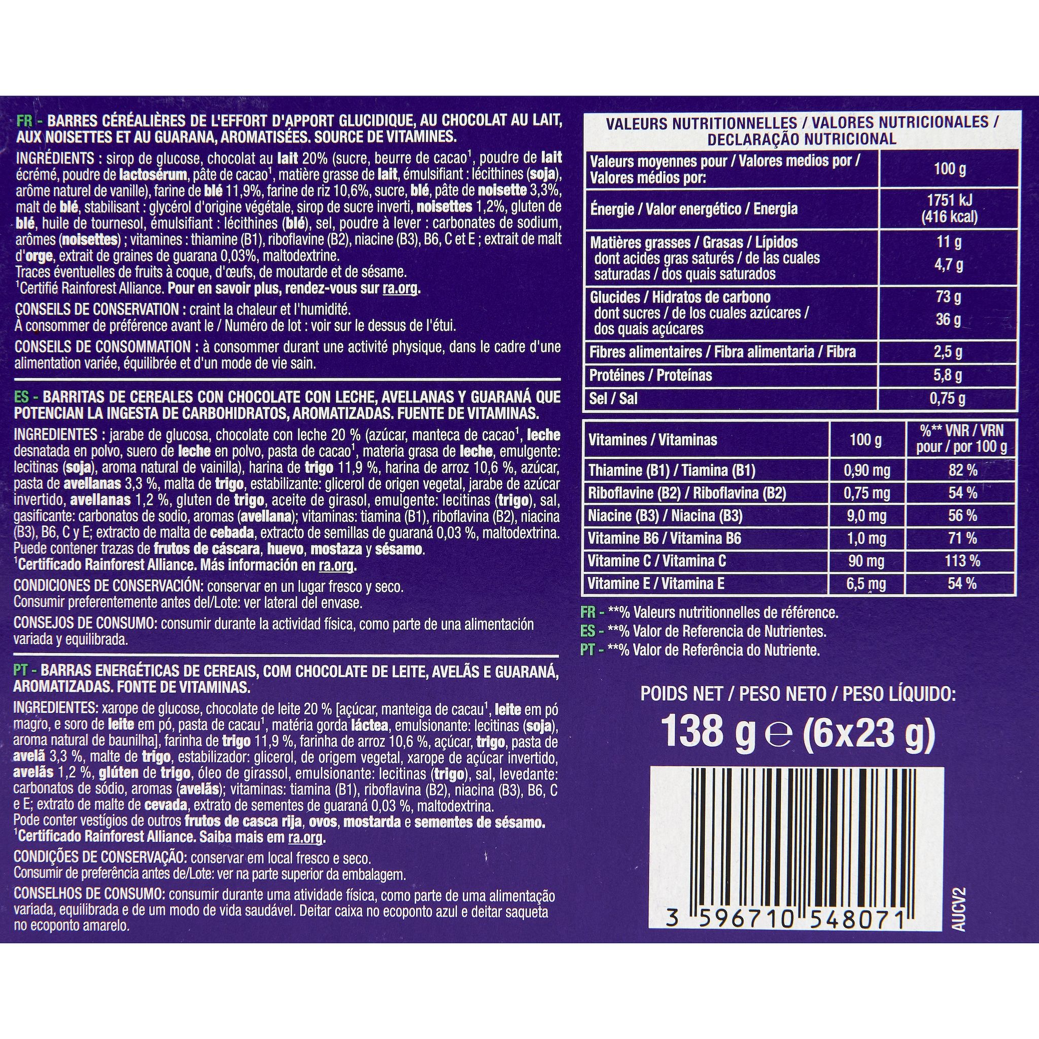 Voir la diapositive 5 : AUCHAN EAT'N MOVE Barres de céréales énergétiques au chocolat et noisettes 6 barres 6x23g
