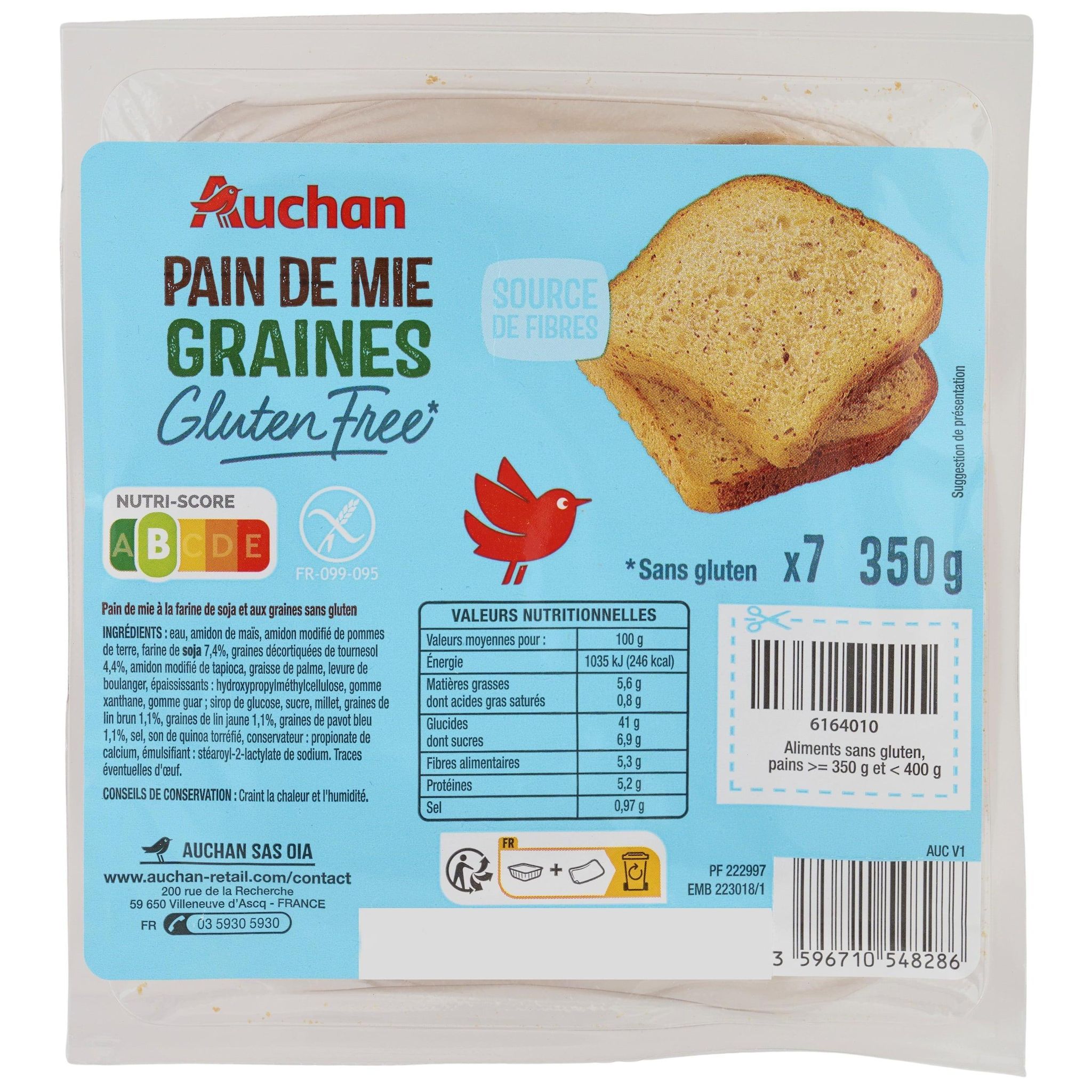 AUCHAN Pain de mie aux graines sans gluten 7 tranches 350g