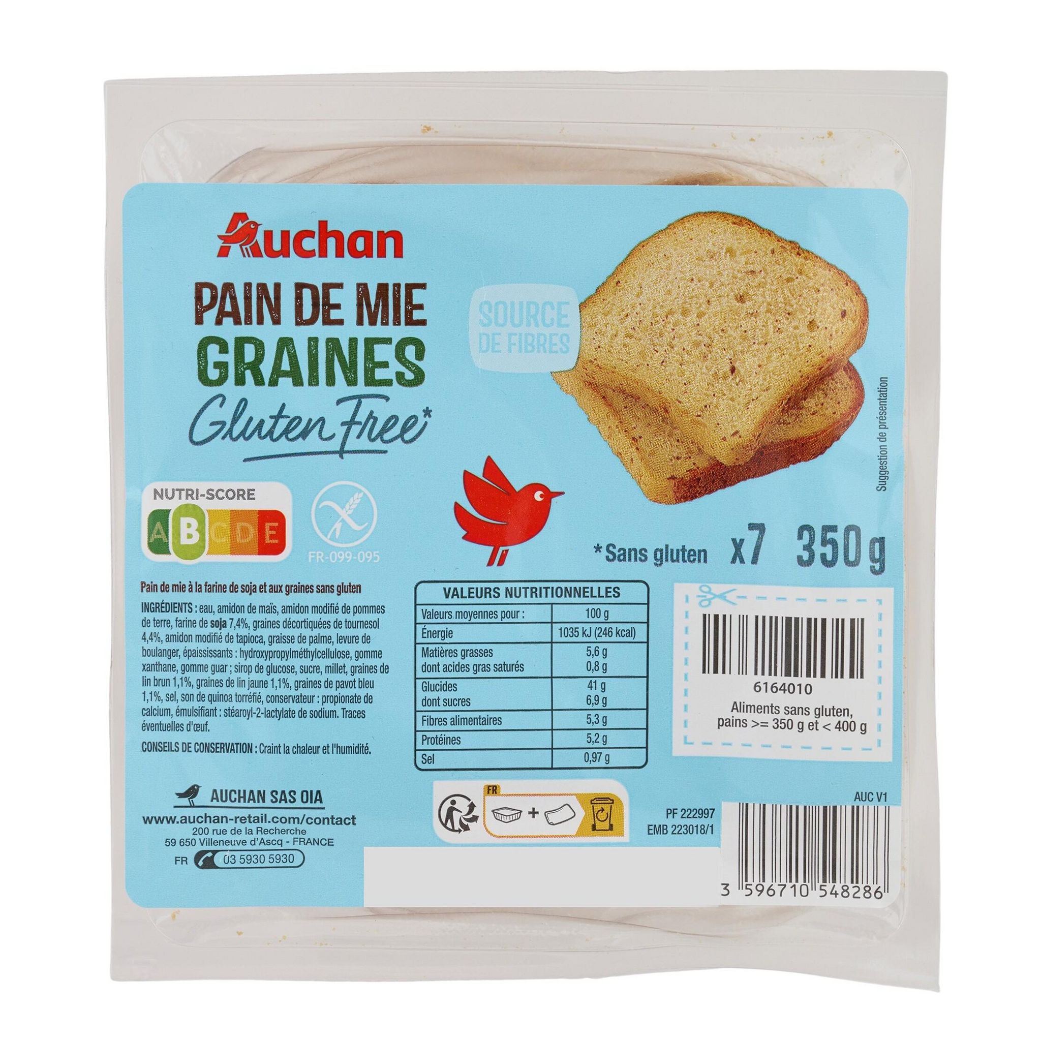 Voir la diapositive 2 : AUCHAN Pain de mie aux graines sans gluten 7 tranches 350g