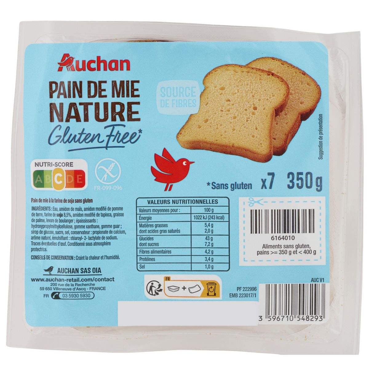 AUCHAN Pain de mie nature sans gluten 7 tranches 350g
