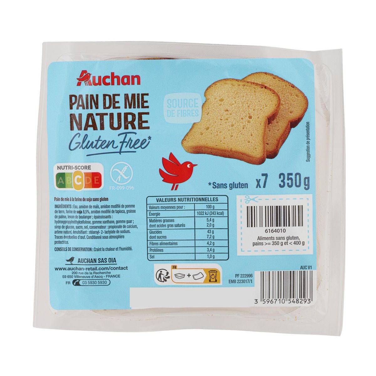 AUCHAN Pain de mie nature sans gluten 7 tranches 350g