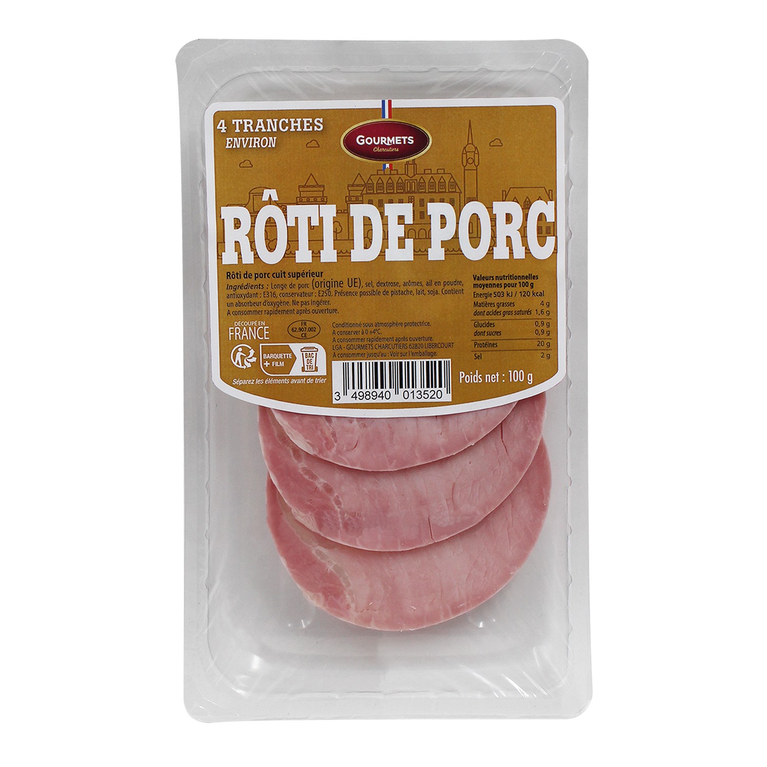 GOURMETS DE L'ARTOIS Rôti de porc cuit en tranches 100g