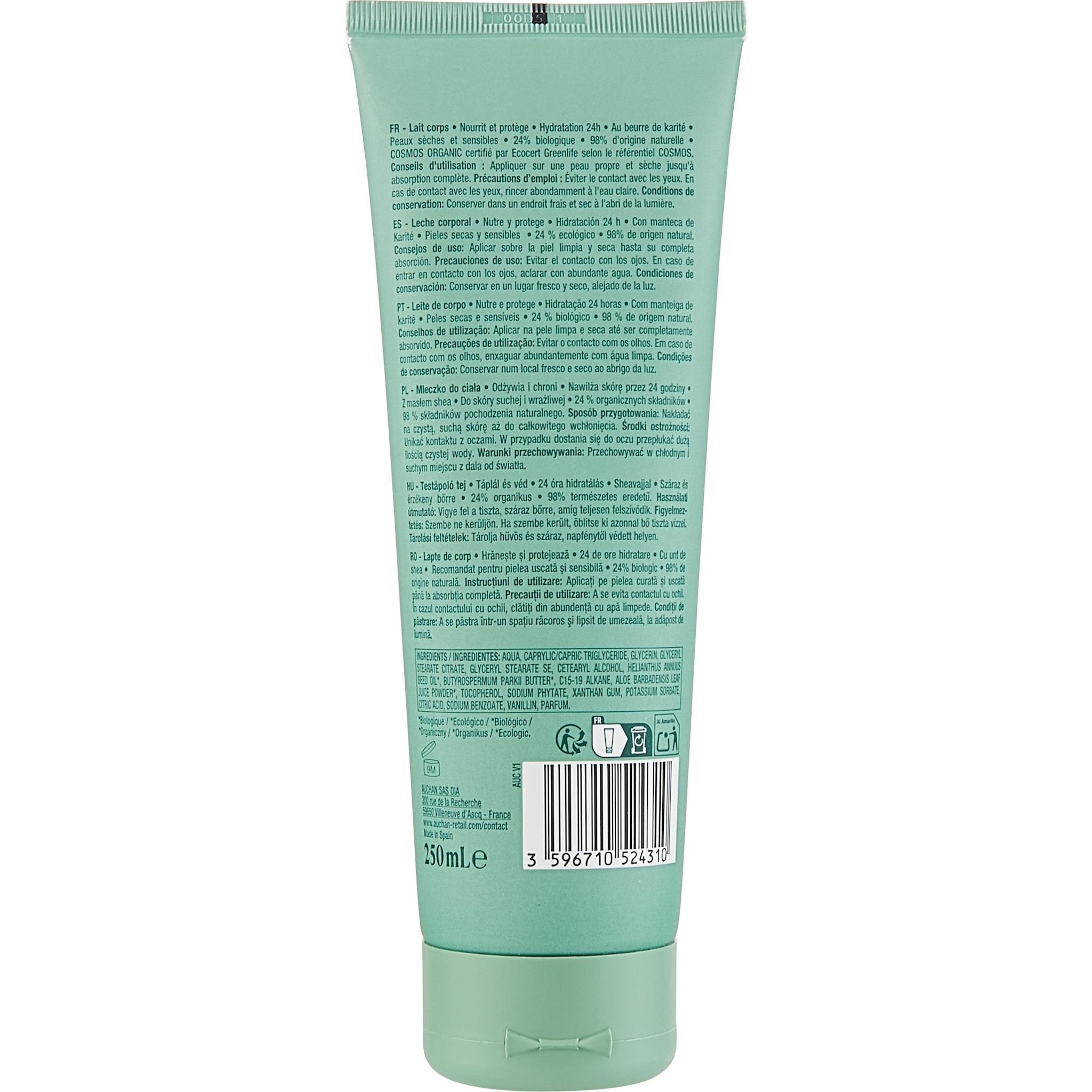 Voir la diapositive 2 : COSMIA BIO Lait corps au beurre de karité peaux sèches et sensibles 250ml