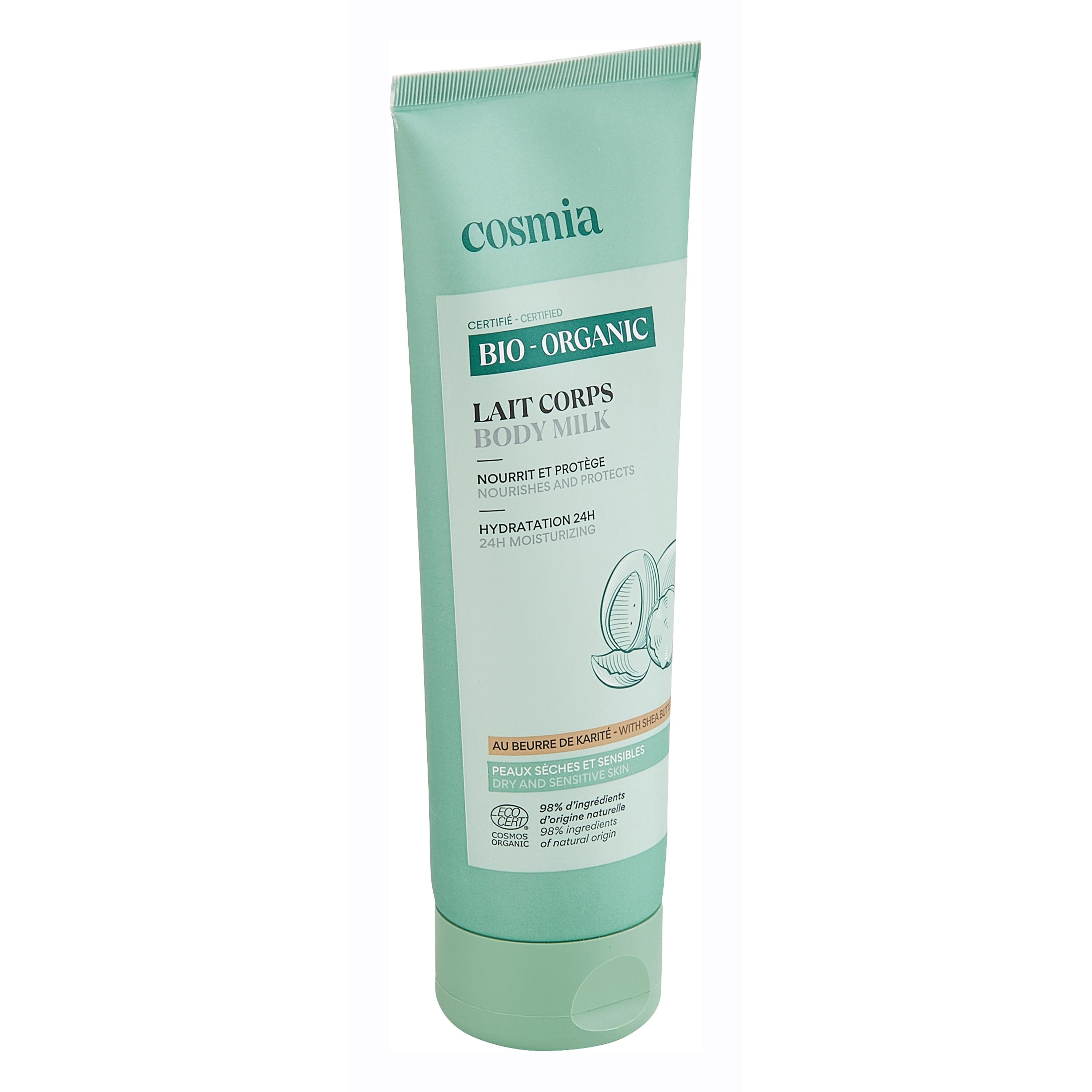 Voir la diapositive 3 : COSMIA BIO Lait corps au beurre de karité peaux sèches et sensibles 250ml