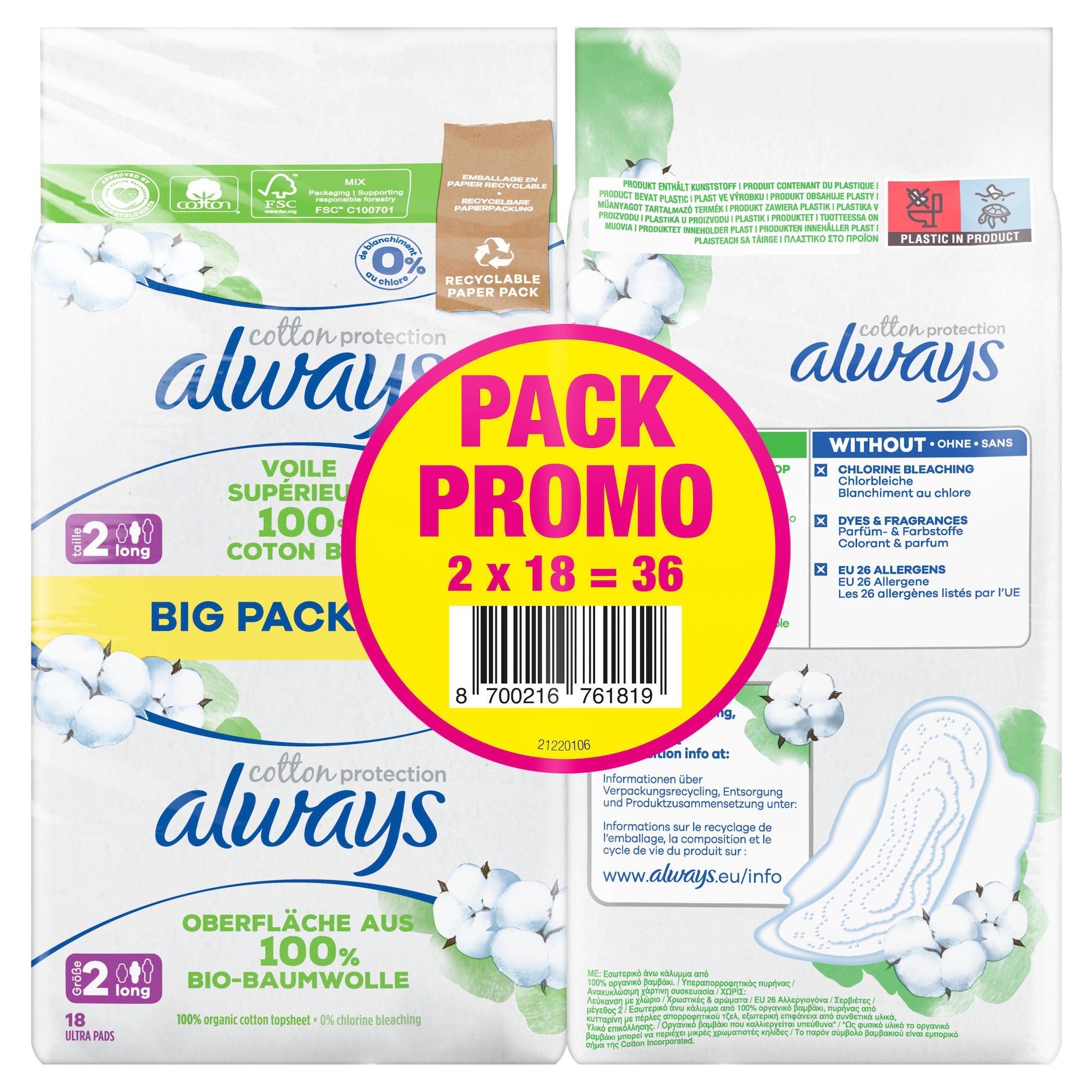 ALWAYS Cotton Protection Serviettes hygiéniques long 2x18 serviettes