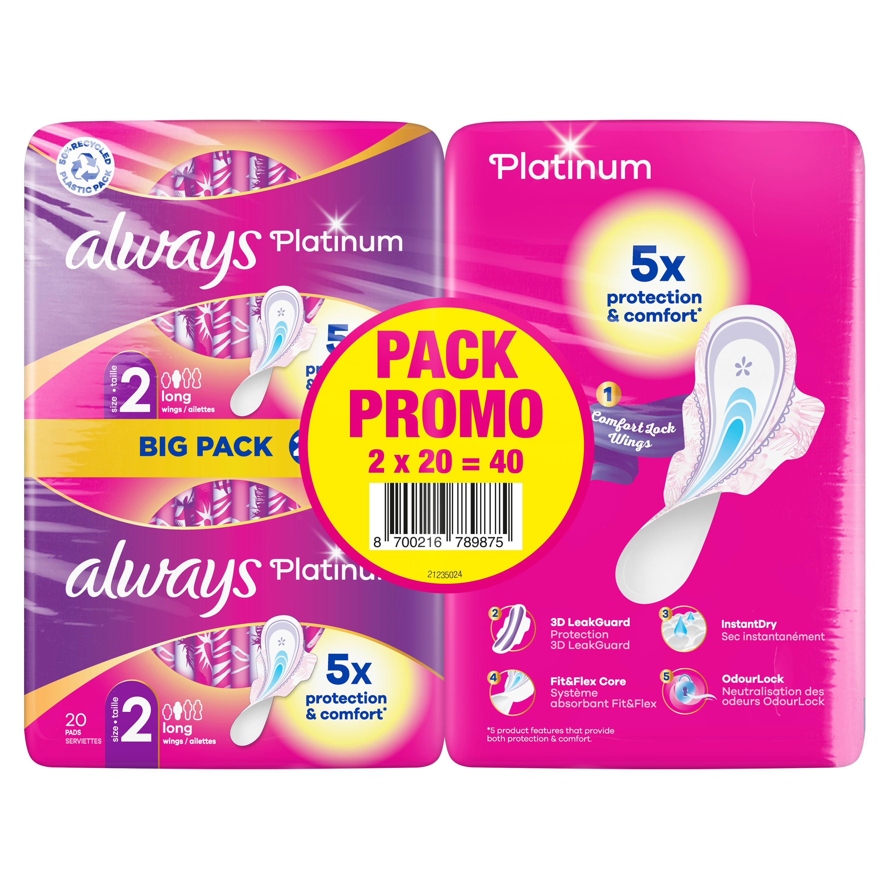 ALWAYS Platinum Serviettes hygiéniques avec ailettes taille 2 2x20 serviettes