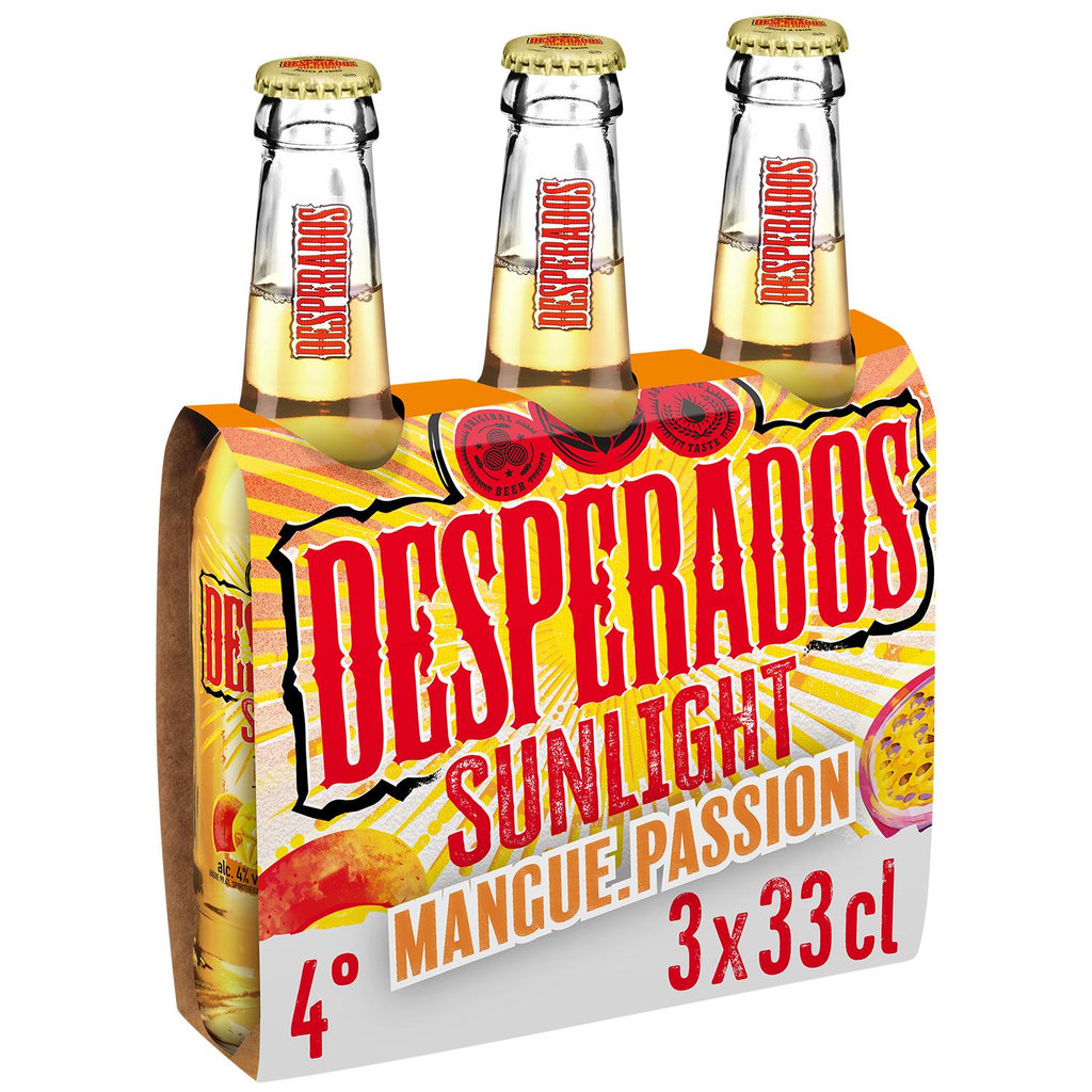 DESPERADOS Sunlight Bière légères aromatisée tequila à la mangue et passion 4% pack bouteilles 3x33cl