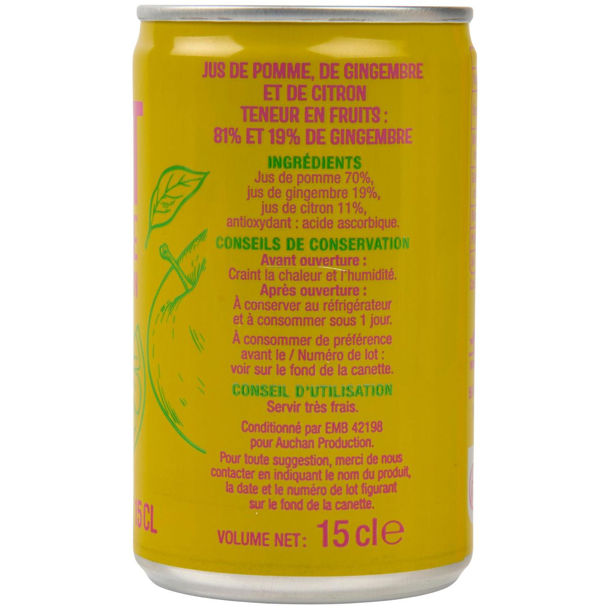 AUCHAN Shot Gingembre pomme citron boîte 15cl