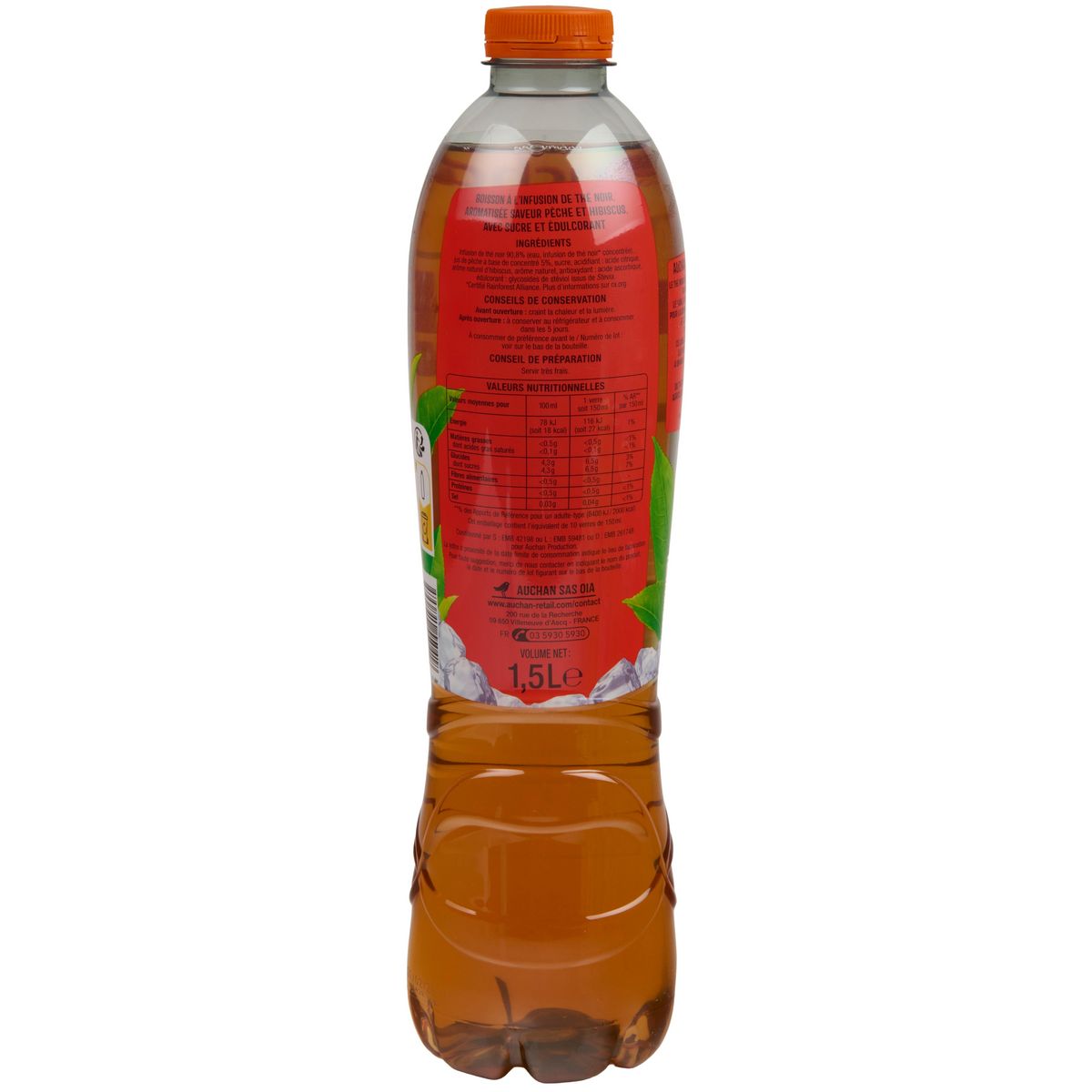 AUCHAN Thé glacé infusé pêche et hibiscus 1.5l