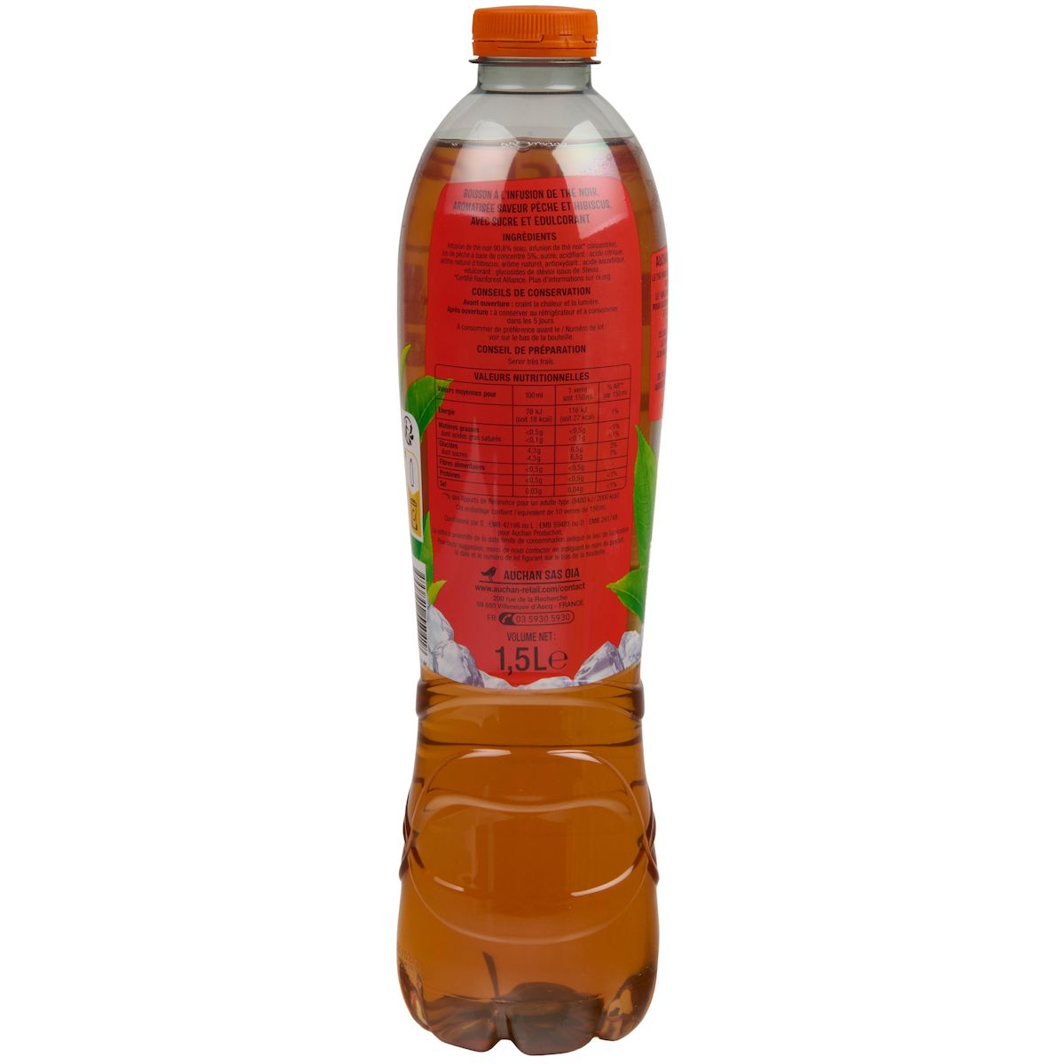 AUCHAN Thé glacé infusé pêche et hibiscus 1.5l