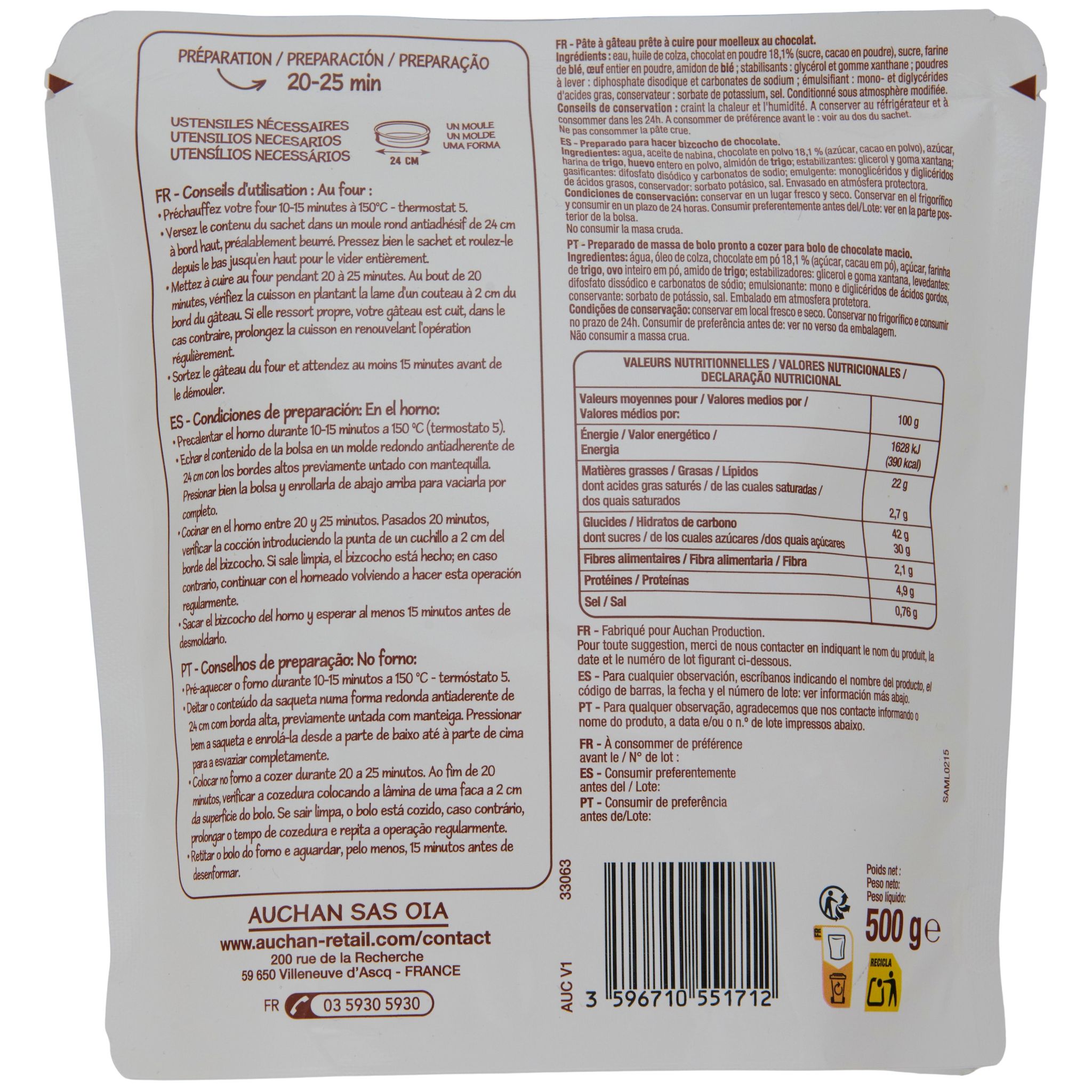 Voir la diapositive 2 : POUCE Moelleux au chocolat 500g