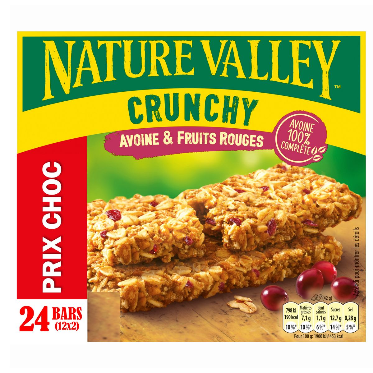 NATURE VALLEY Crunchy barres de céréales avoine et aux fruits rouges 12x2 barres 12x42g
