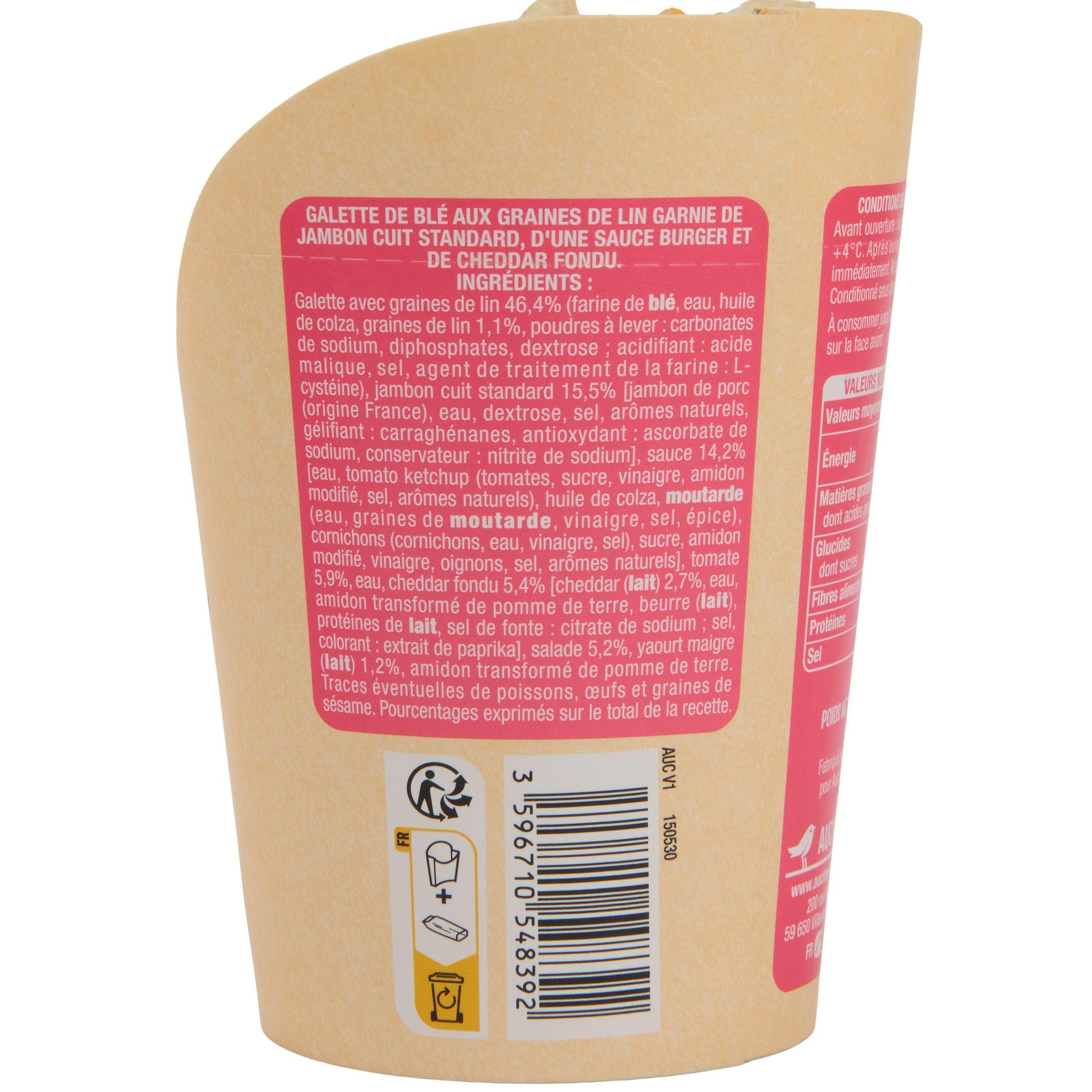 Voir la diapositive 2 : AUCHAN Wrap jambon cheddar sauce burger 2 pièces 190g