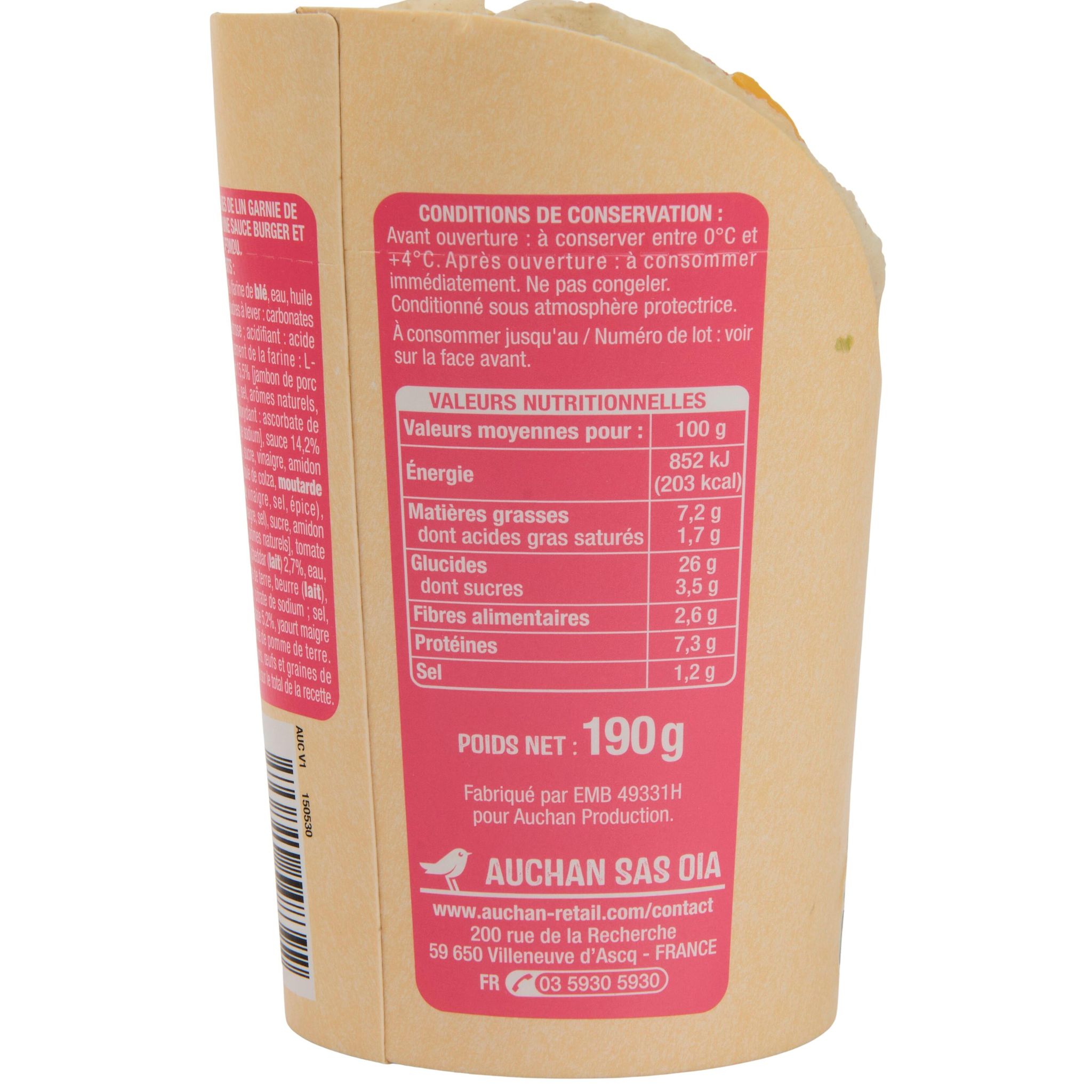Voir la diapositive 3 : AUCHAN Wrap jambon cheddar sauce burger 2 pièces 190g