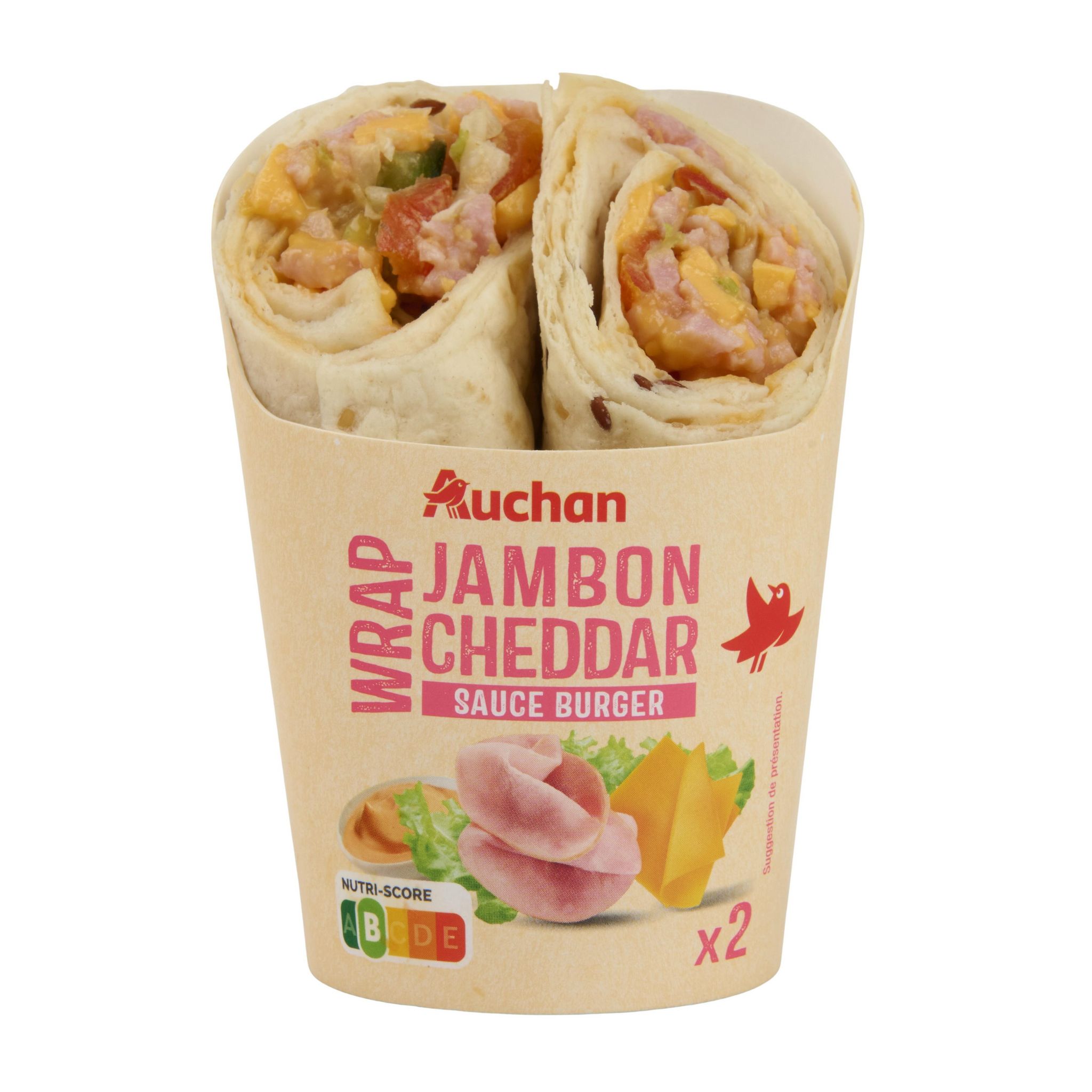 Voir la diapositive 4 : AUCHAN Wrap jambon cheddar sauce burger 2 pièces 190g