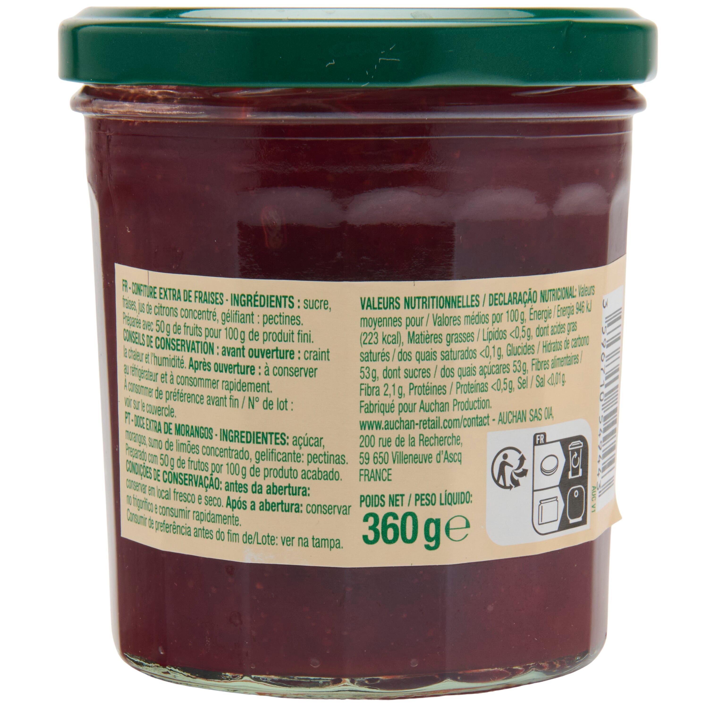 Voir la diapositive 2 : AUCHAN Confiture extra de fraise 50% de fruits 360g