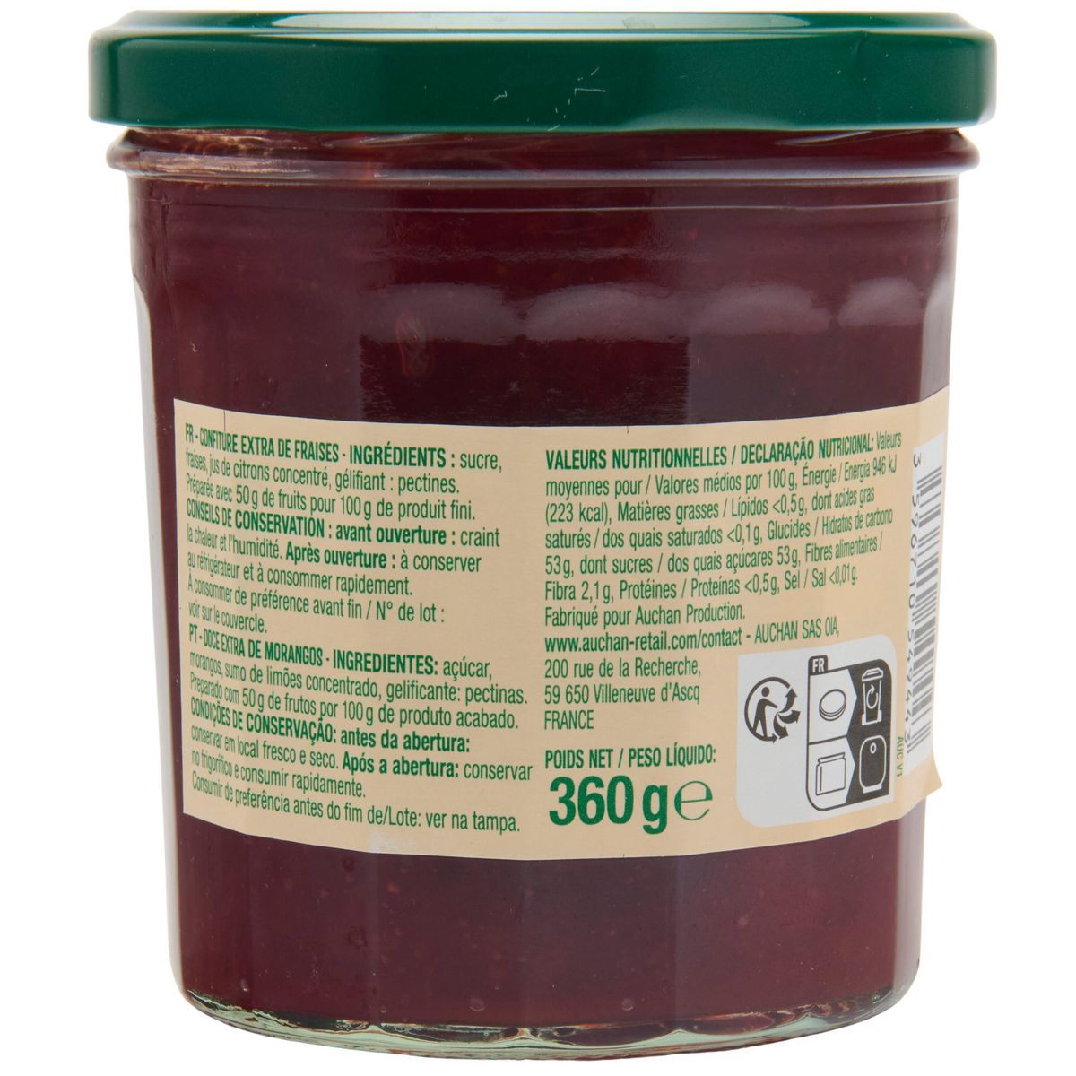 AUCHAN Confiture extra de fraise 50% de fruits 360g