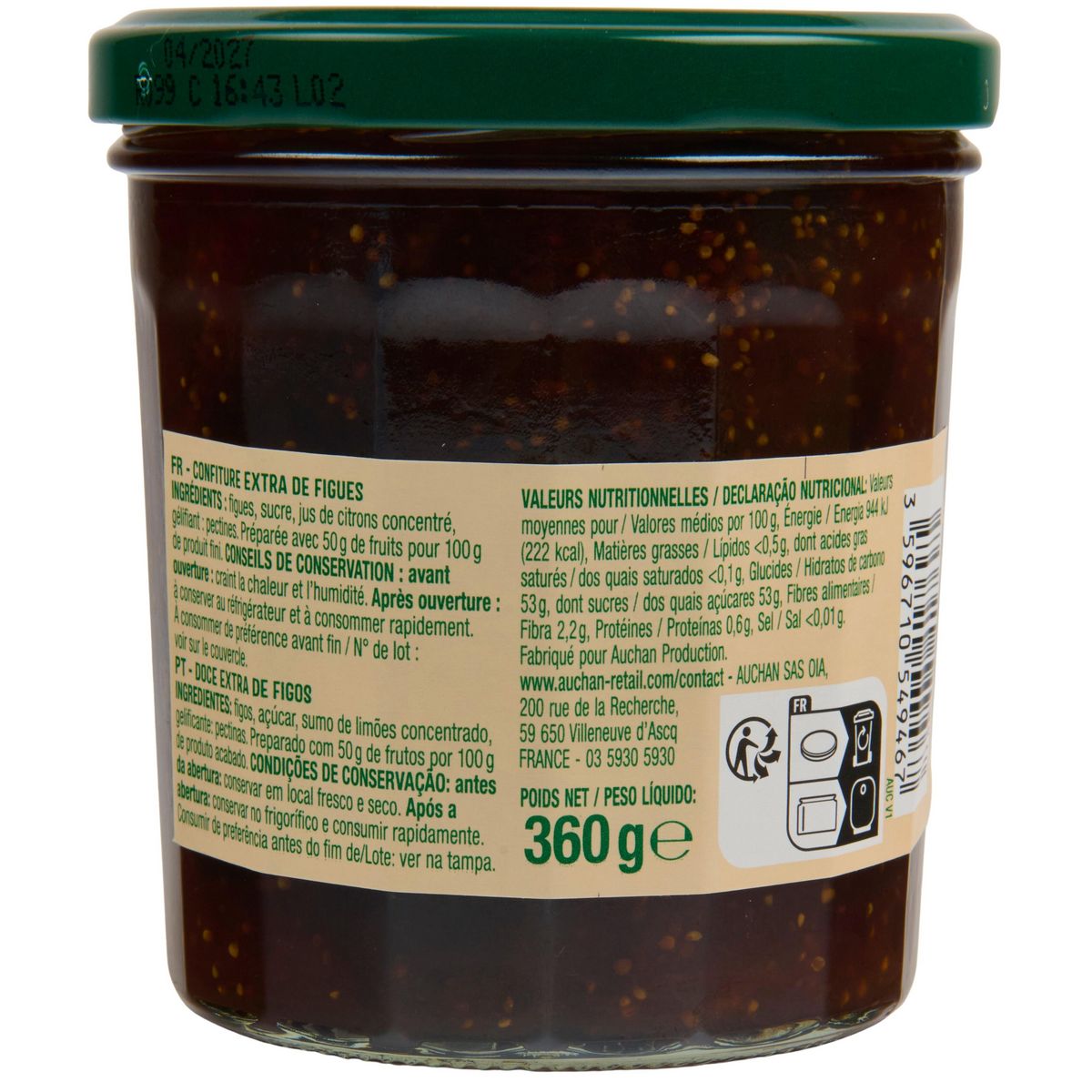 AUCHAN Confiture extra de figue 50% de fruits 360g
