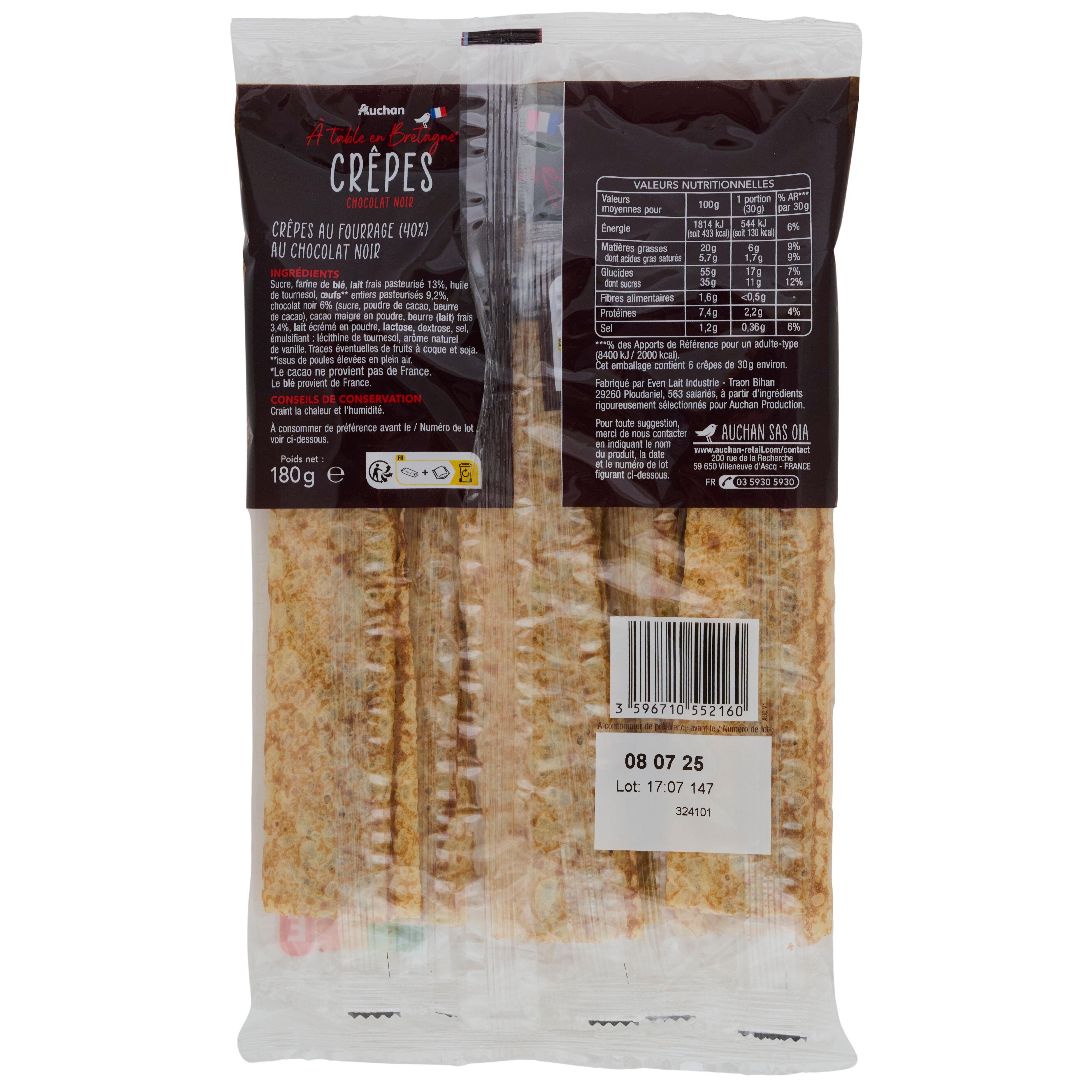 Voir la diapositive 2 : AUCHAN TERROIR Crêpes fourrées chocolat noir 6 crêpes 180g